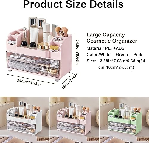 Miniatura 7 de DASITON Organizador de maquillaje de gran capacidad para tocador con 2 cajones, organizadores de cuidado de la piel con soporte para brochas de