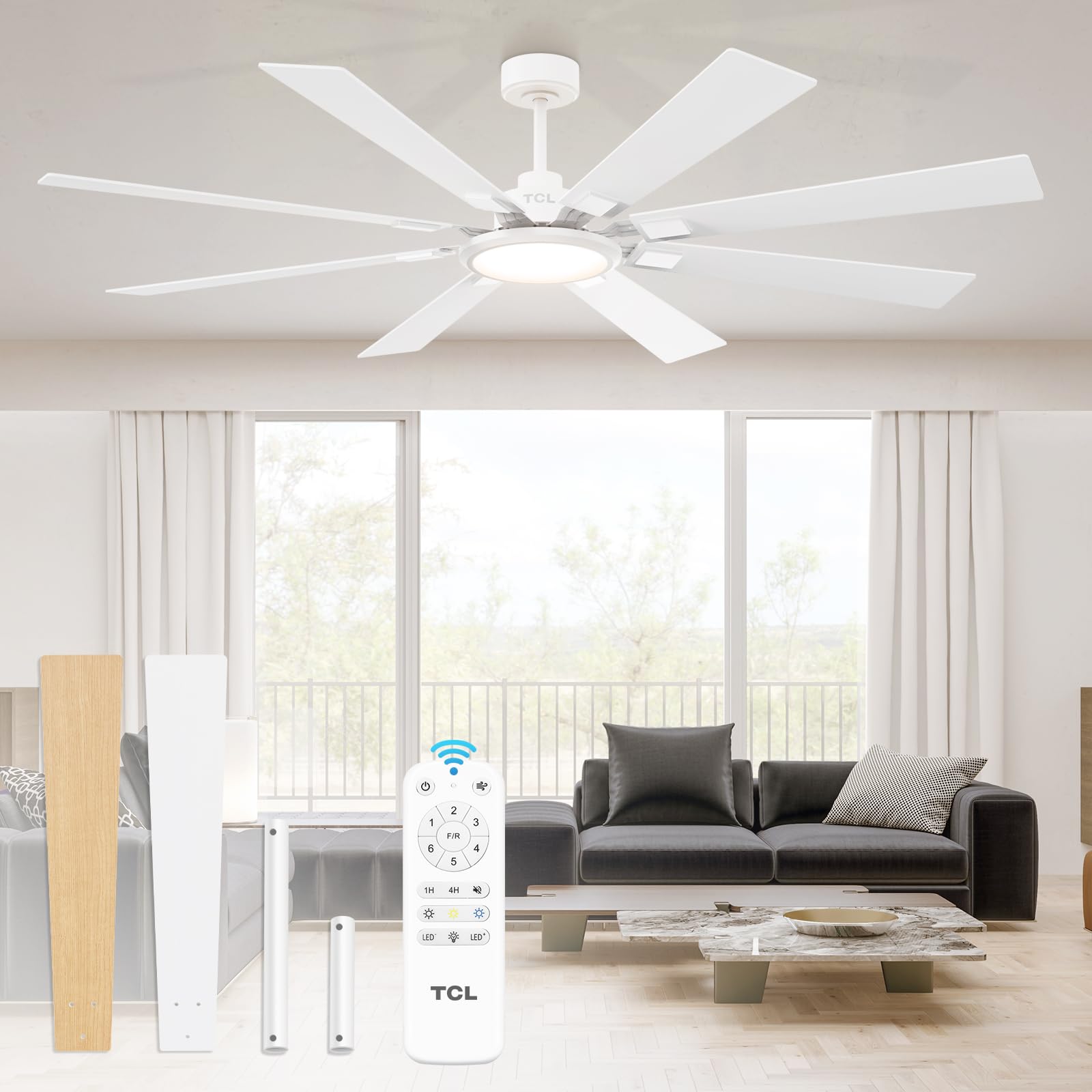 TCL Ceiling Fans with Lights and Remote: 72 Inch 8 Blades White DC Fan
