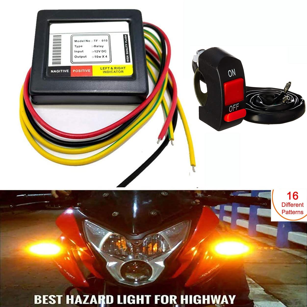 Bike Hazard Flasher 16 Patterns Mode with On Off Handle Mounting Waterproof Switch Universal for Bike, Scooter and Scooty