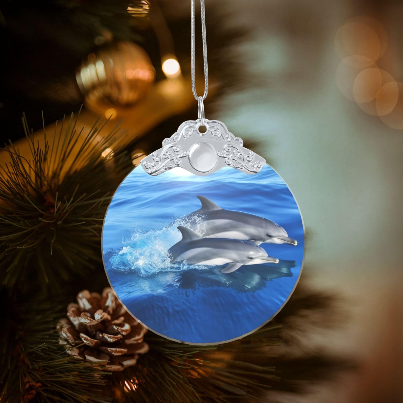 Crystal Christmas Ornaments for Christmas Tree Decoration Hanging Dolphin Family Ornament with Gold Ribbon Crafts Round Pendant for Keepsake Gifts Glass Xmas Decor Party Supplies