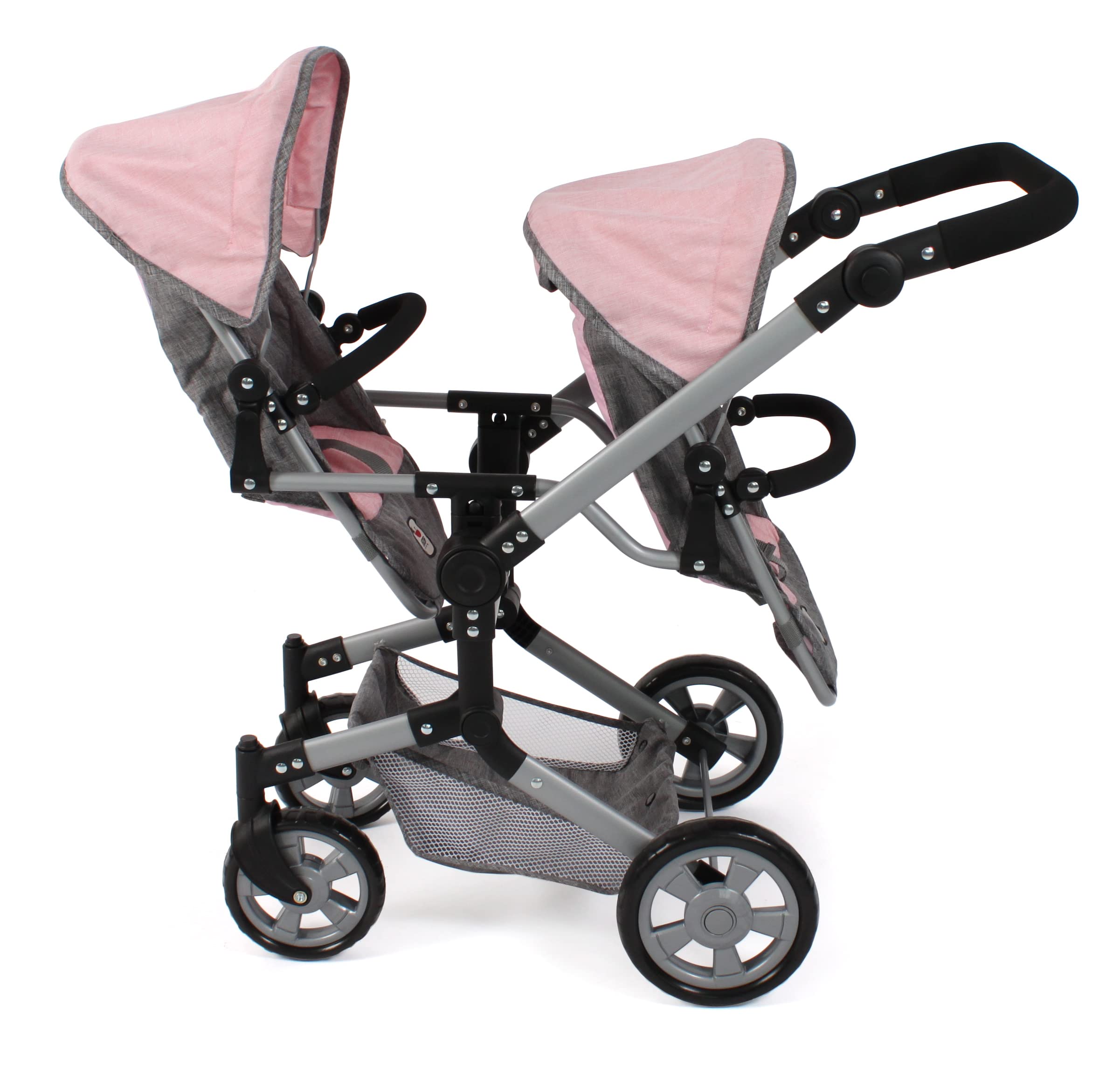 Bayer Chic 2000 - Passeggino per bambole Linus Duo, passeggino gemellare per bambini dai 4 agli 8 anni, grigio melange, rosa, 690-15