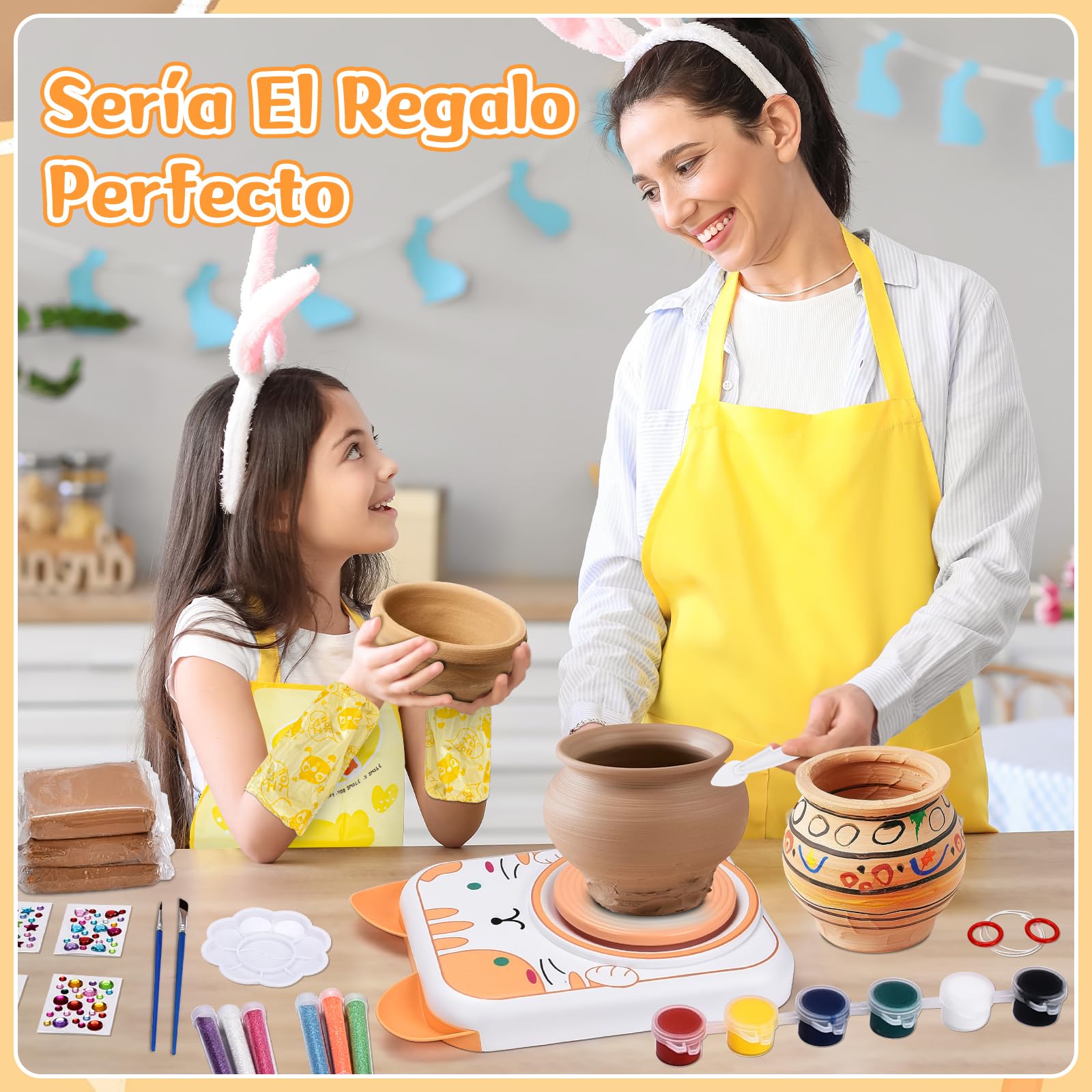 IEEILULU Rueda de Alfarería Eléctrica, Juego de Alfarería para Niños, Juego de Arte de Máquina de Alfarería, Herramienta de Arte de Arcilla para Niños, Regalo para Niñas y Niños (Gato)
