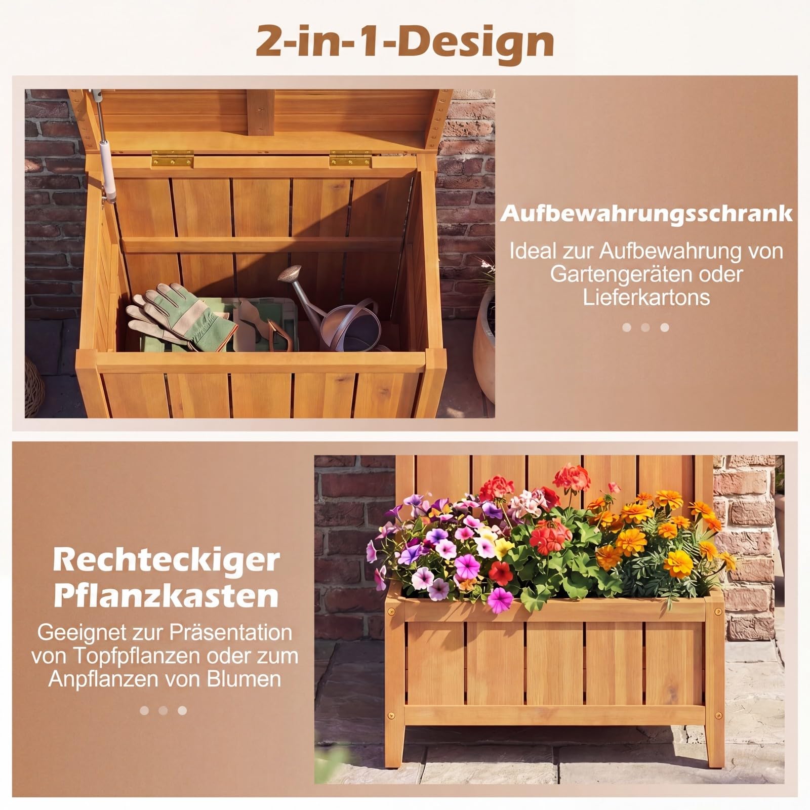 COSTWAY Blumenkasten mit Gartenbox, Auflagenbox mit Deckel, Paketbox mit Pflanzkübel aus Holz, Aufbewahrungsbox für Pakete & Gartengeräte, für Garten & Terrasse, 57 x 52,5 x 70 cm, Natur