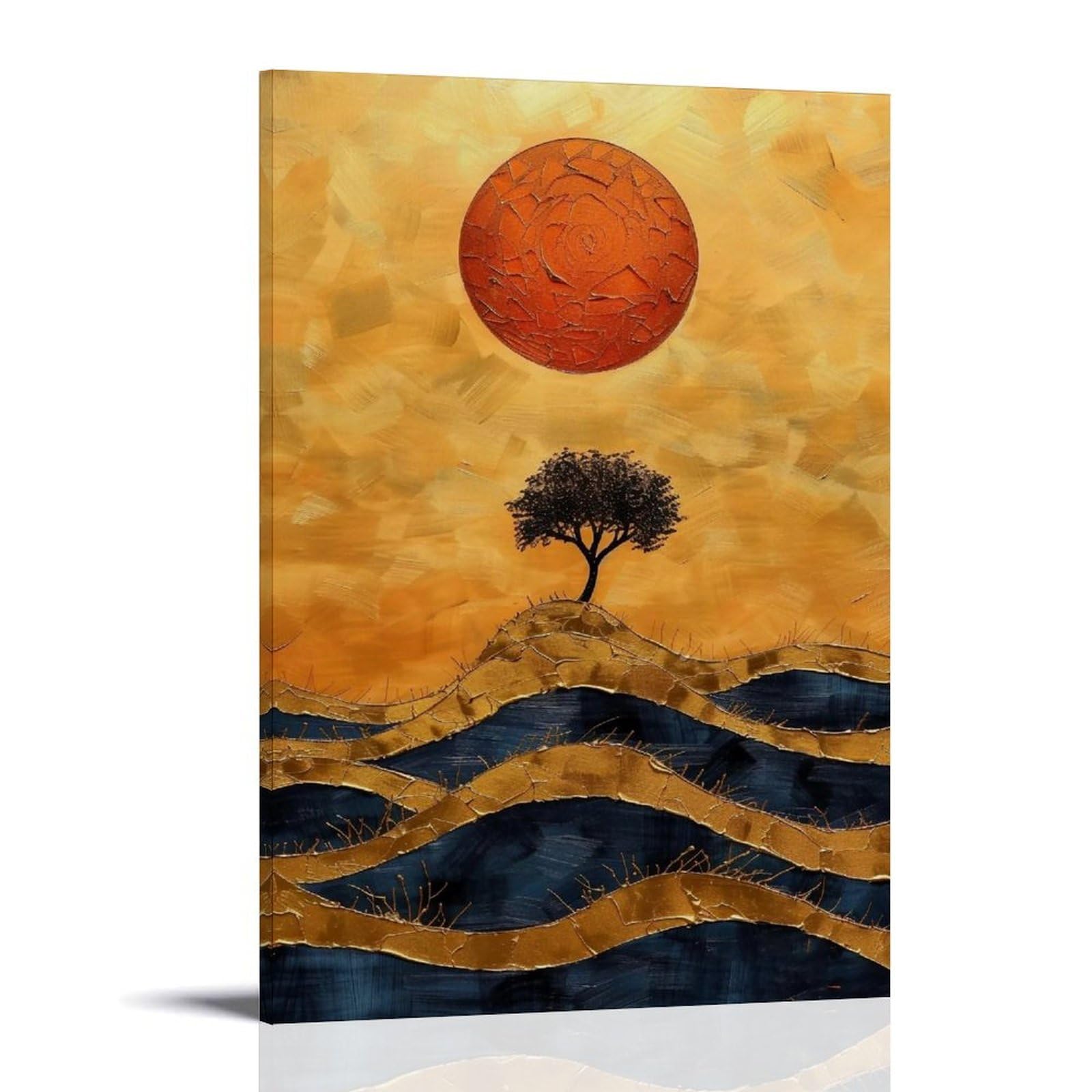 MGHTGRWE Gilded Impasto Minimal Lone Tree Red Sun Rolling Hills 03 Poster Wall Art Canvas Vintage Aesthetic Painting Decor for Rooms 12x18inch Frame-style
