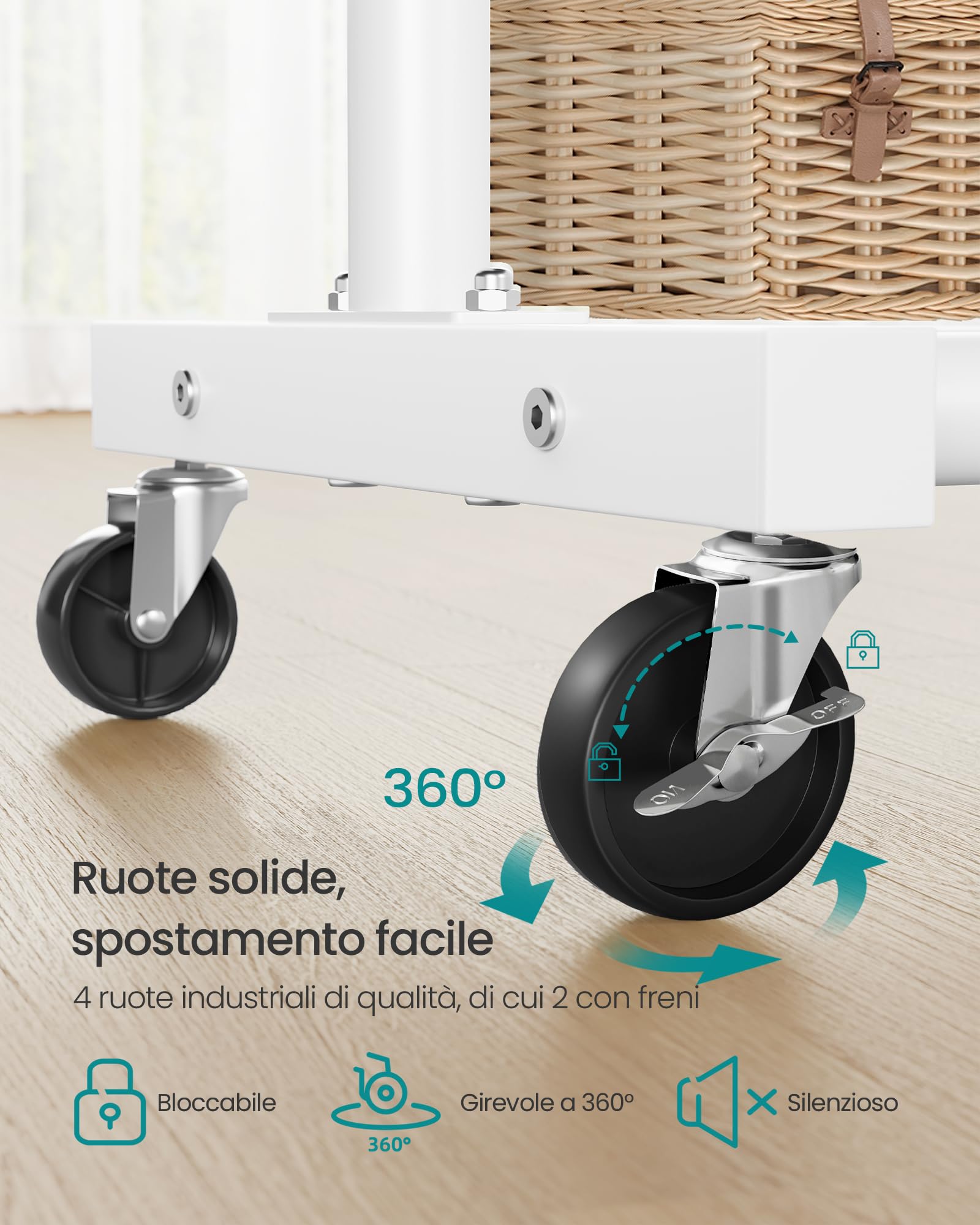 SONGMICS Stand Appendiabiti con Ruote, Attaccapanni, 2 Ruote con Freno, Camera da Letto, Portata fino a 50 kg, 38 x 110 x 141,5 cm, Bianco Opaco HSR016WG01