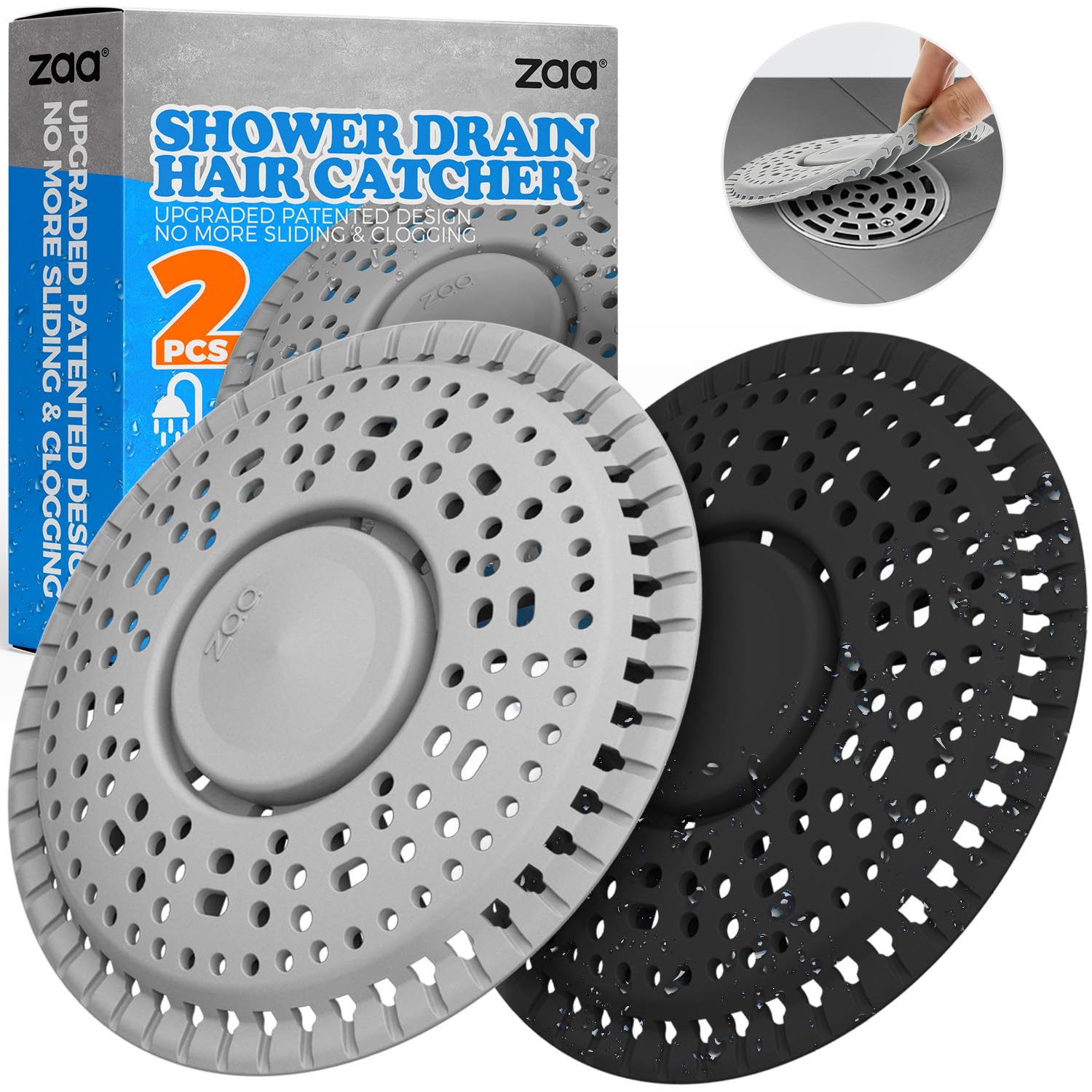 zaaShower Drain Hair Catcher, 2 Pack Premium Silicone Drain Protector & Shower Drain Cover for Flat Drains of Shower Room, Bathroom, Utility Sink, Gray Black