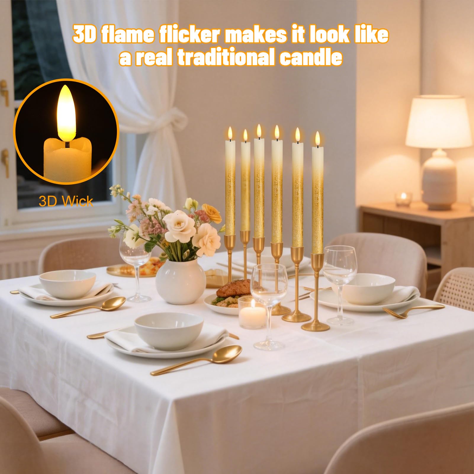 Set di 6 candele coniche senza fiamma, senza fiamma, funzionamento a batteria, con timer remoto, in vera cera, con stoppino 3D, in vera cera, decorazione per cene, matrimoni e vacanze (2 cm