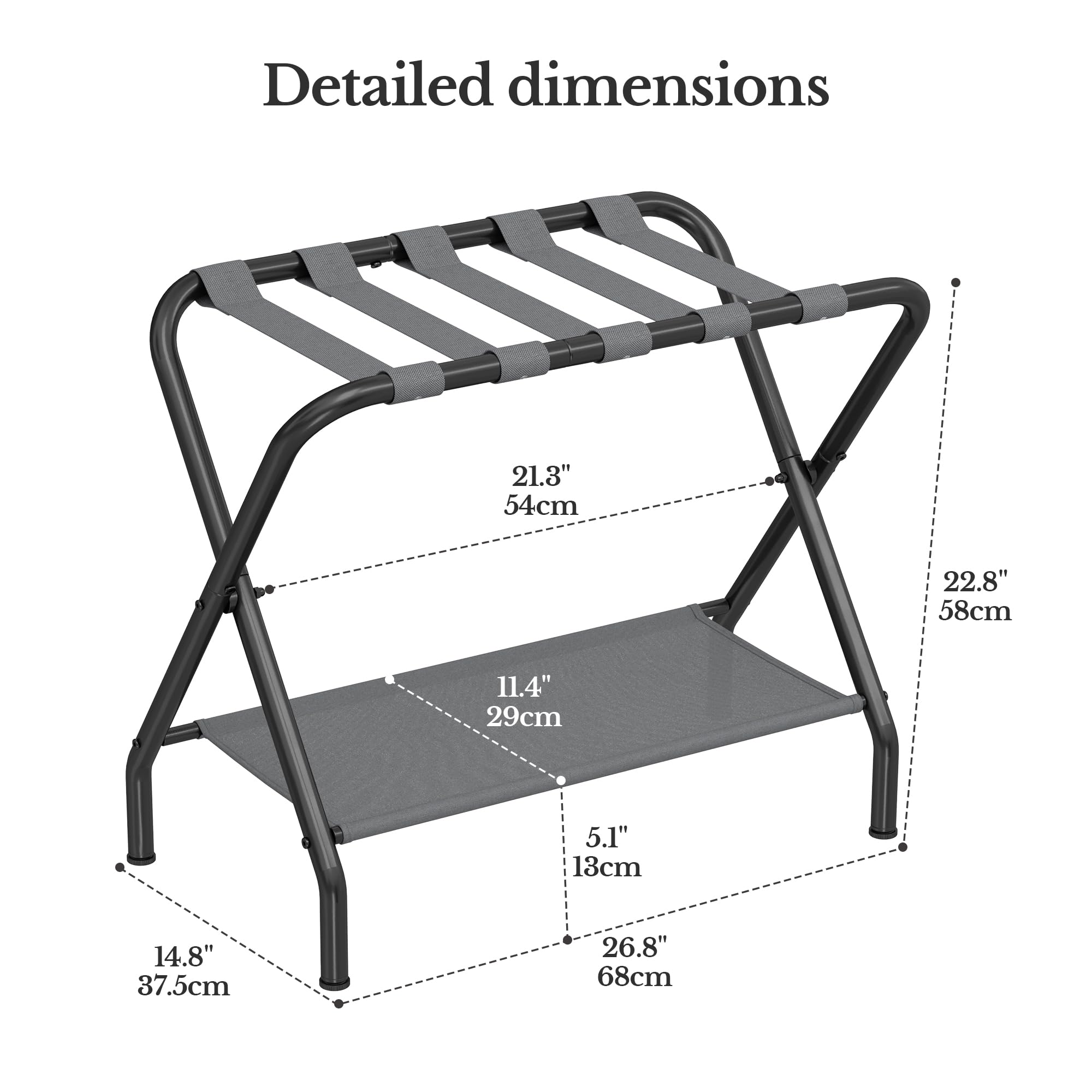Waissdea 2 Pack Folding Luggage Racks, Steel Suitcase Stand with Fabric Storage Shelf for Guest Room, Bedroom, Hotel, Holds up to 110 lb, 27 x 15 x 23 Inch