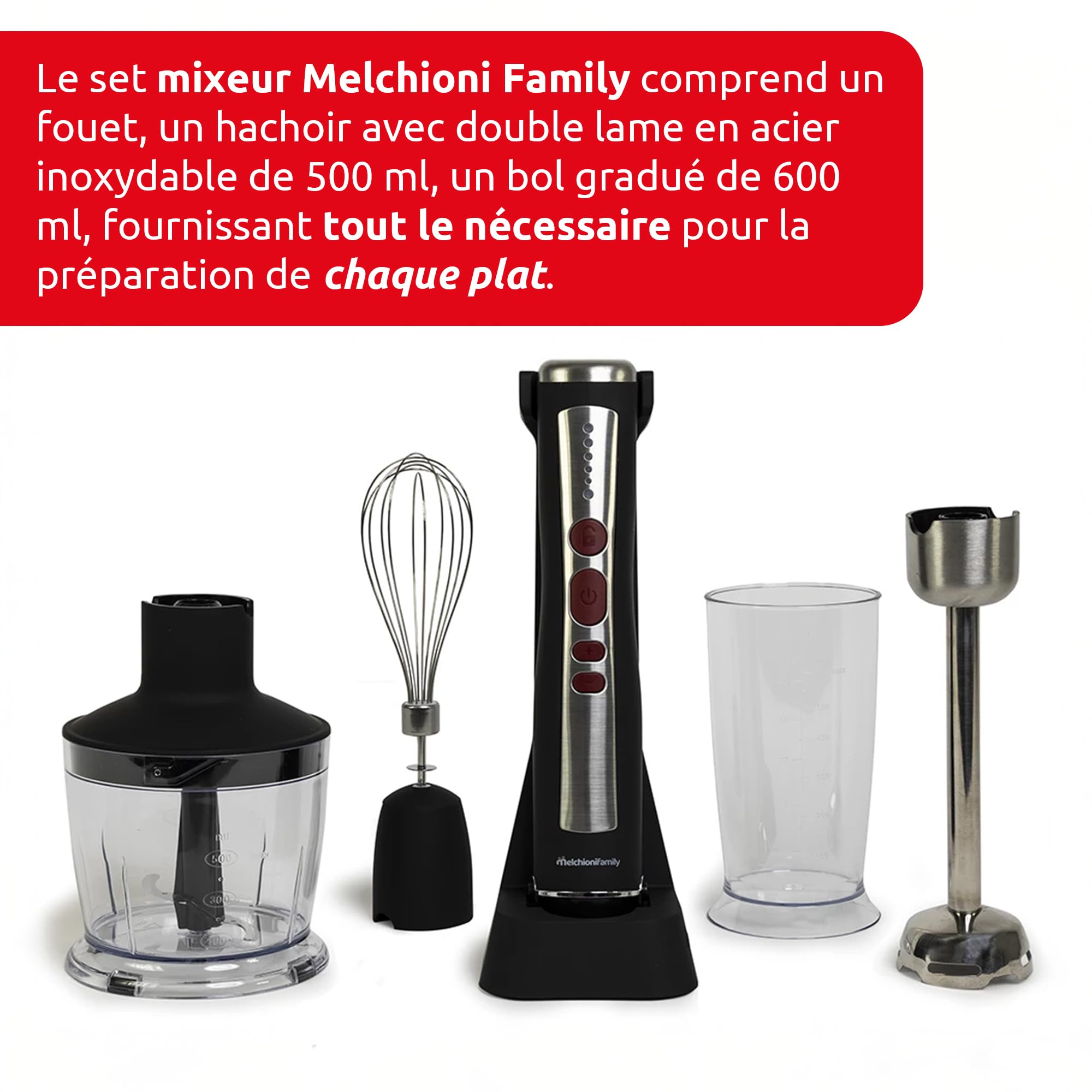 Melchioni Family | Mixeur Plongeant Sans Fil Rechargeable, Ensemble avec Batteur, Hachoir, Mixeur et Verre Gradué de 600 ml, Modèle ZOE, Couleur Noire