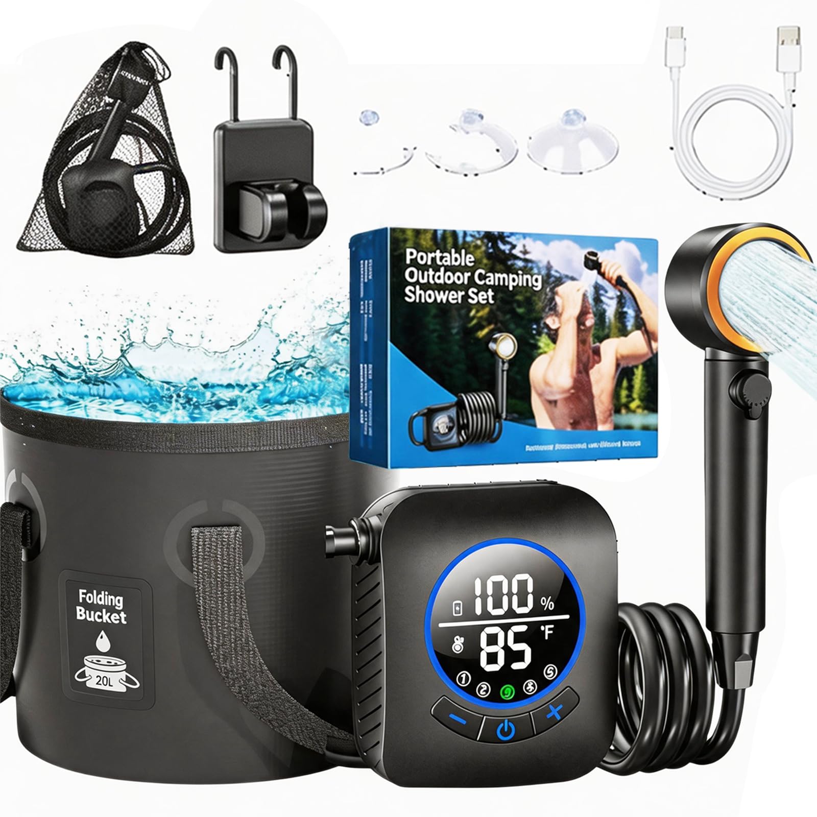 Douche De Camping Portable, Pompe De Douche 8000mAh avec Affichage De La Température Kit De Douche Mobile étanche IPX8 avec Pommeau De Douche Pliable Et Tuyau De 2 M pour Les Voyages