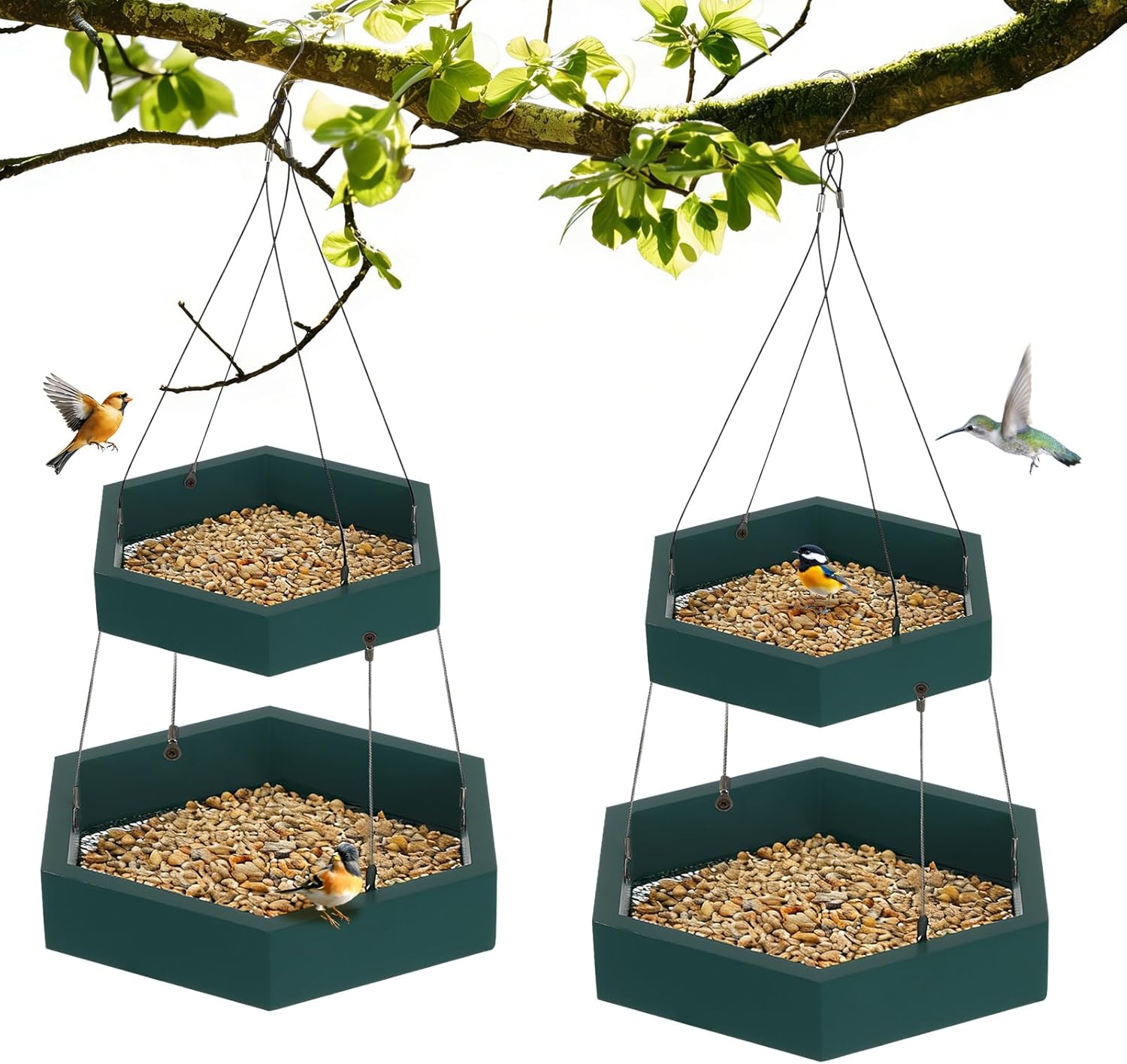 2 Pack 2 Tier Large Platform Bird Feeders for Outdoors Hanging Green Pine Wood Flat Birds Feeder Tray Outdoor Wild Bird Seed Feeder and Decor, Hexagon
