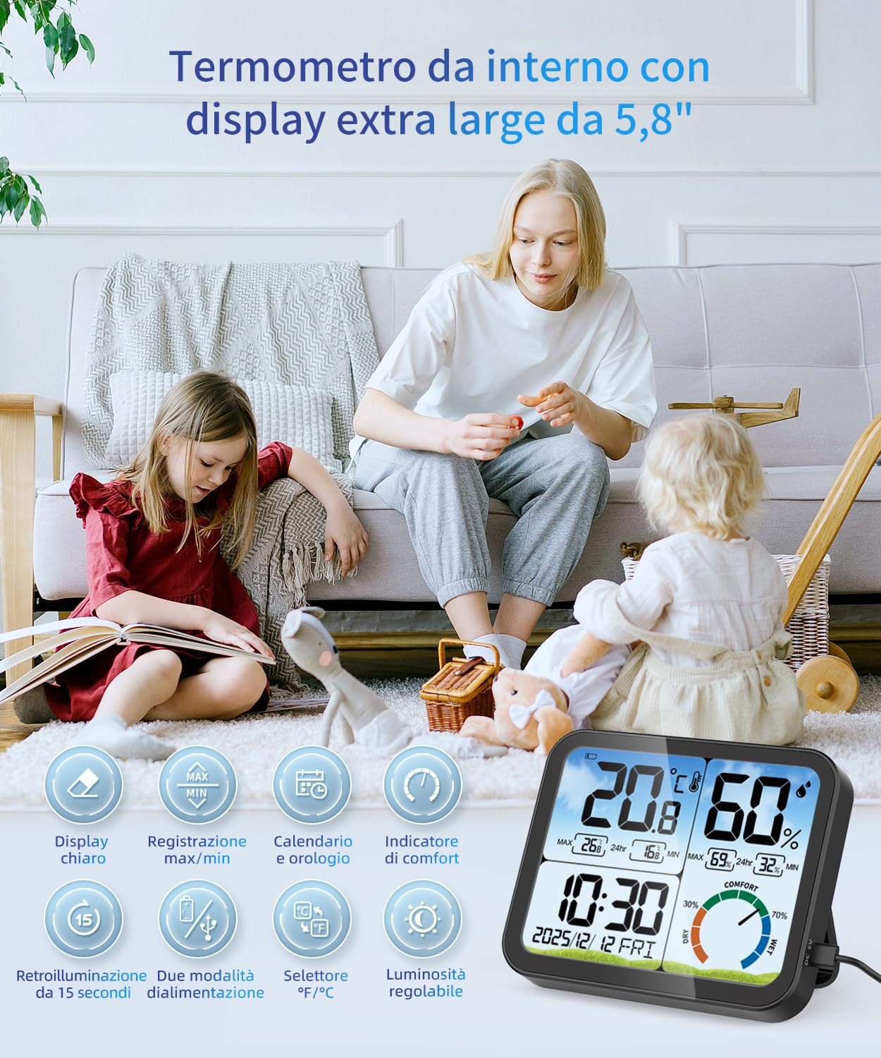 VOCOO Termometro digitale per interni – 5,8 pollici,display extra grande,misuratore di umidità accurato,termometro per ambiente con calibrazione,registrazioni max-Min,comfort,controluce,data (Black)