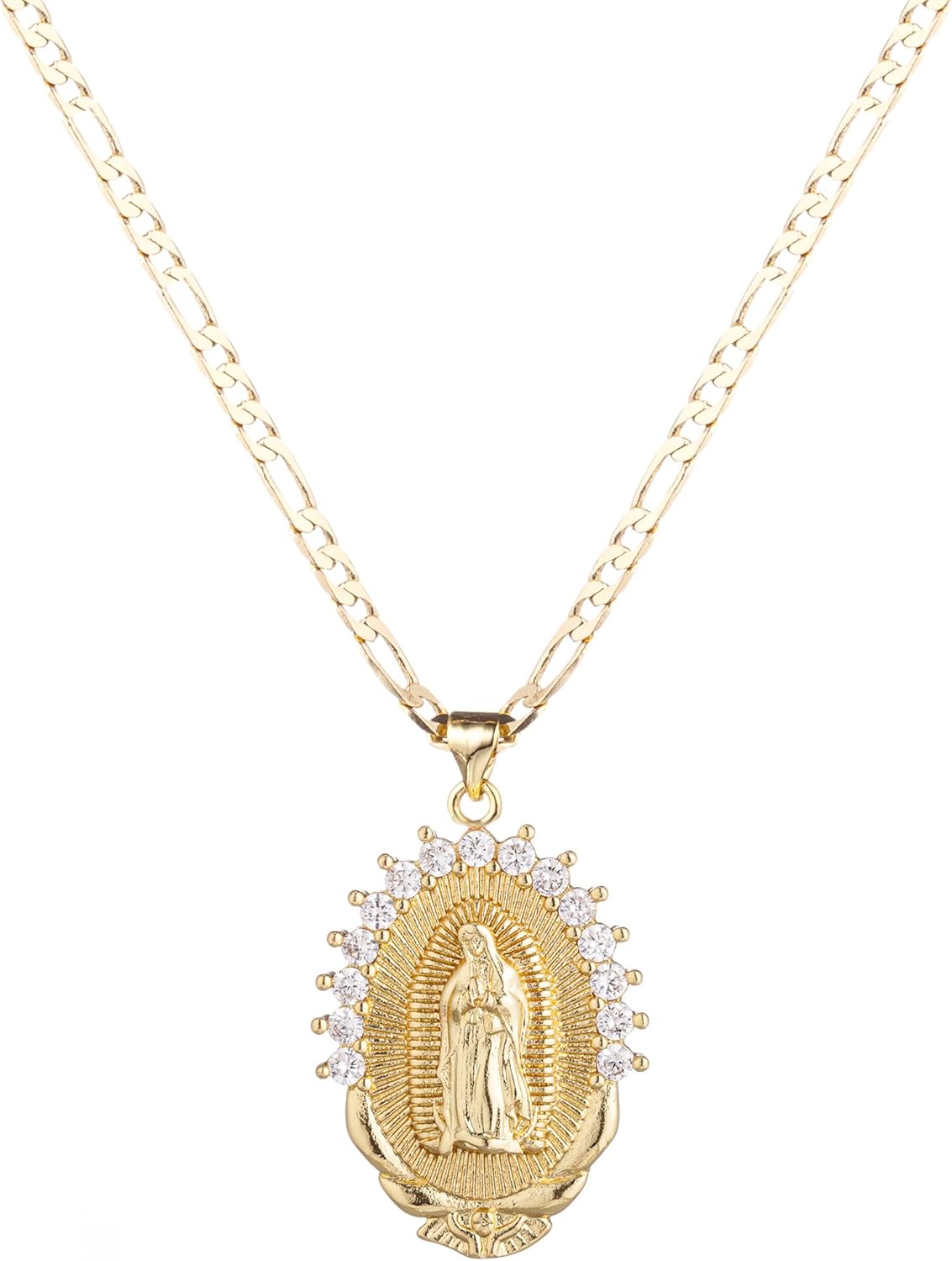 kelistom 18K Gold Plated Guadalupe Virgin Mary Necklace for Women Men Teens, Oval Zircon Inlay Virgin Mary Pendant with Stainless Steel Figaro Chain Necklace