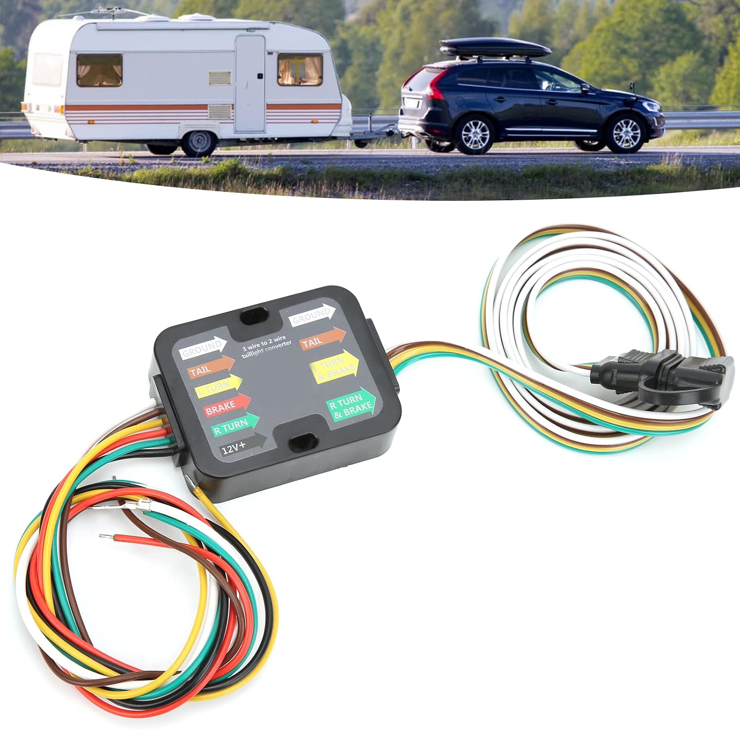 Trailer Wiring Harness and Tail Light Converter 3-to-2-Wire Powered with 60-inch Wiring LED Compatible