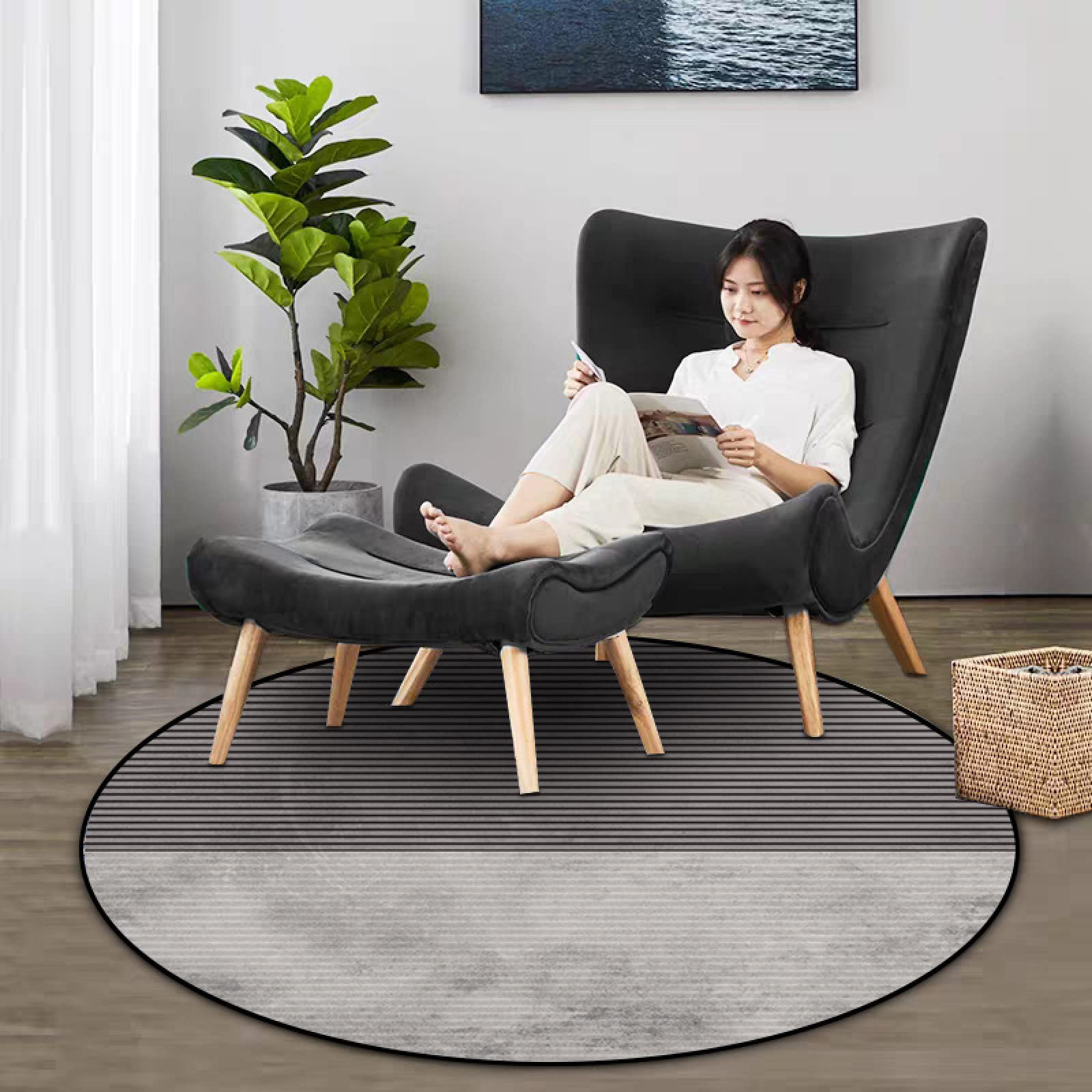 Teppich, schwarz-weiß gestreiftes Design, weich und modern, leicht zu reinigen, flecken- und lichtbeständig, 100 cm Durchmesser