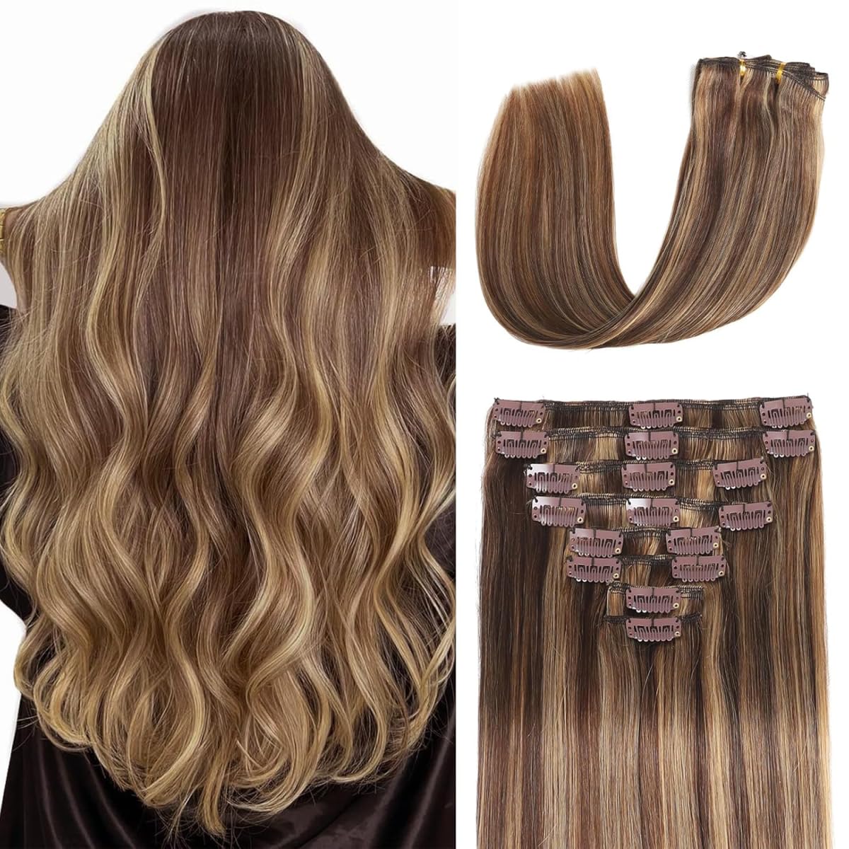 Clip in Hair Extensions Real Human Hair Clip ins 100% Human Hair Extension for Women 8pcs Per Set with 18 Clips Double Weft (18 Inch 80g #4/27 Chocolate Brown to Honey Blonde)