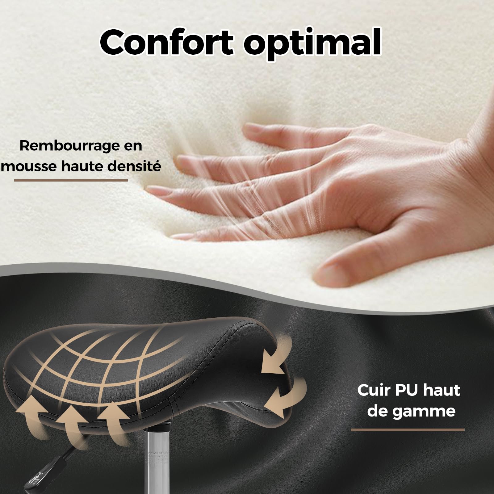 BEWISHOME Tabouret Selle de Cheval Ergonomique à Roulettes, Réglable Hauteur Hydraulique, Grand Coussin d'Assise Noir