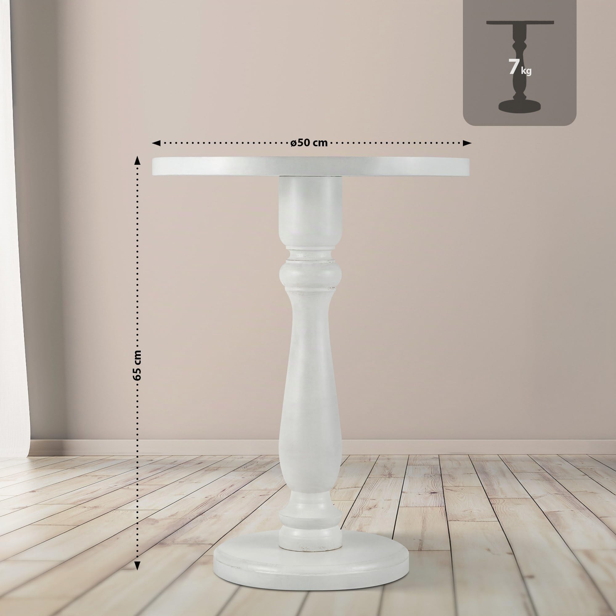 CLP Tavolino Adamsville tavolo in legno massello di mindi tavolino rotondo fatto a mano per soggiorno e sala da pranzo, Colore:antico bianco