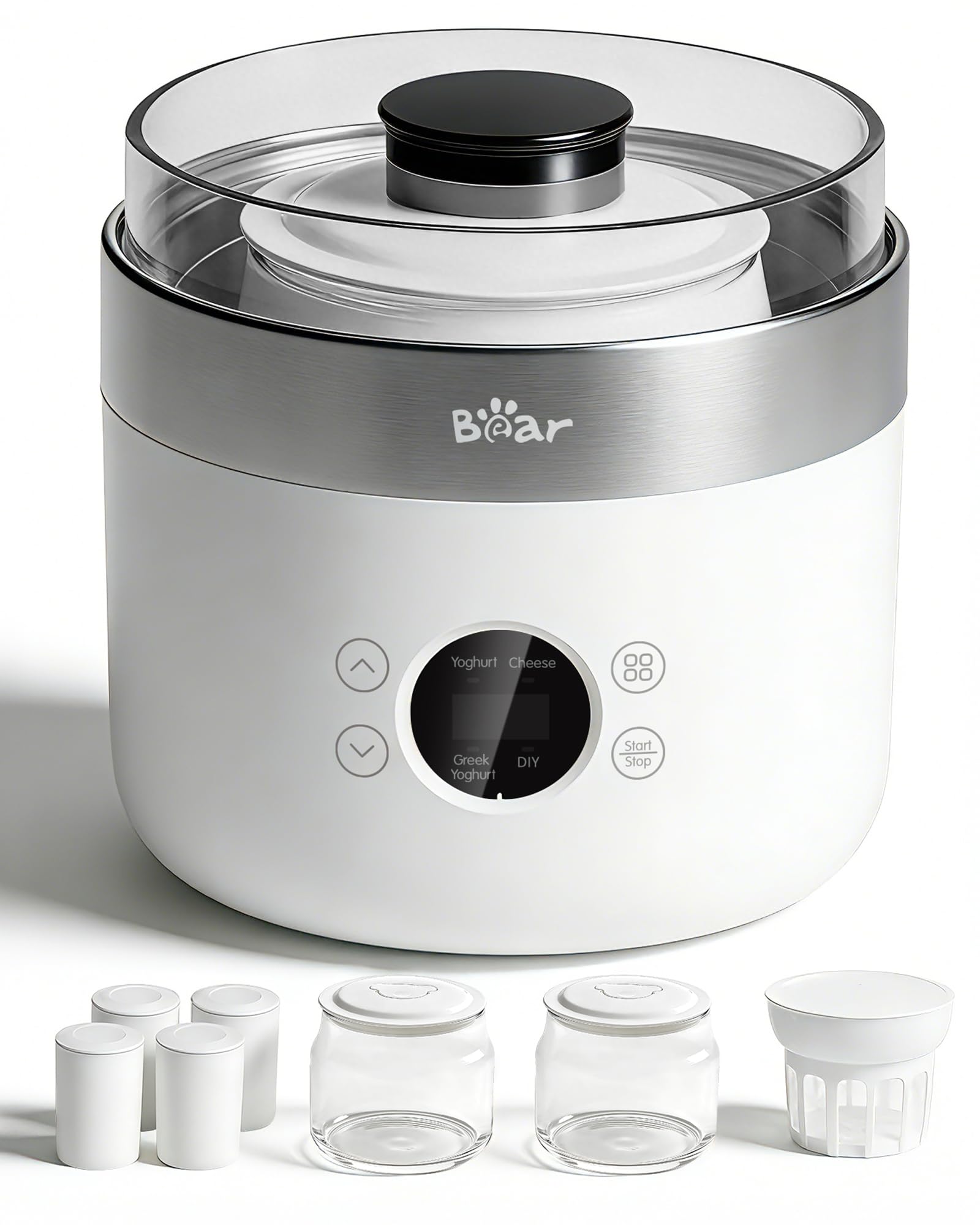 Bear Yogurtiera e casara per formaggio fresco, inclusi 4 tazze porzionate in ceramica da 125 ml, 2 contenitori in vetro XXL da 1 litro e 4 programmi preimpostati per yogurt greco e formaggio