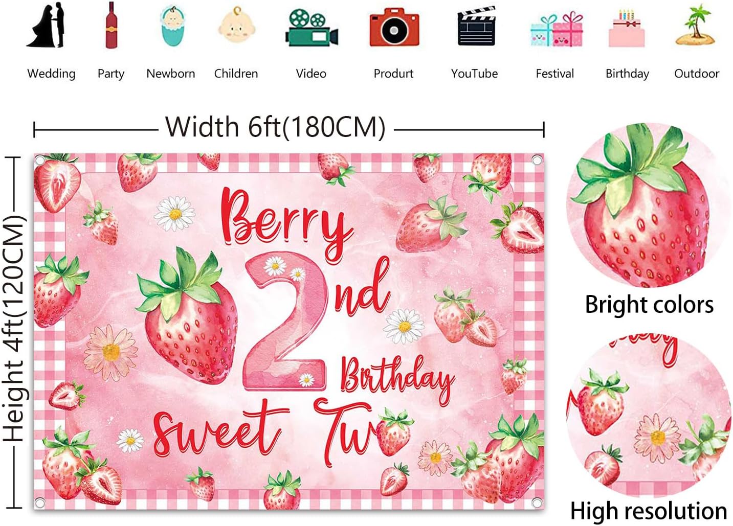 Berry Two Birthday Backdrop Banner 6x4FT Strawberry 2nd Birthday Photography Background Strawberry Shortcake Sweet Second Berry Party Decoration Photo Booth Studio Props