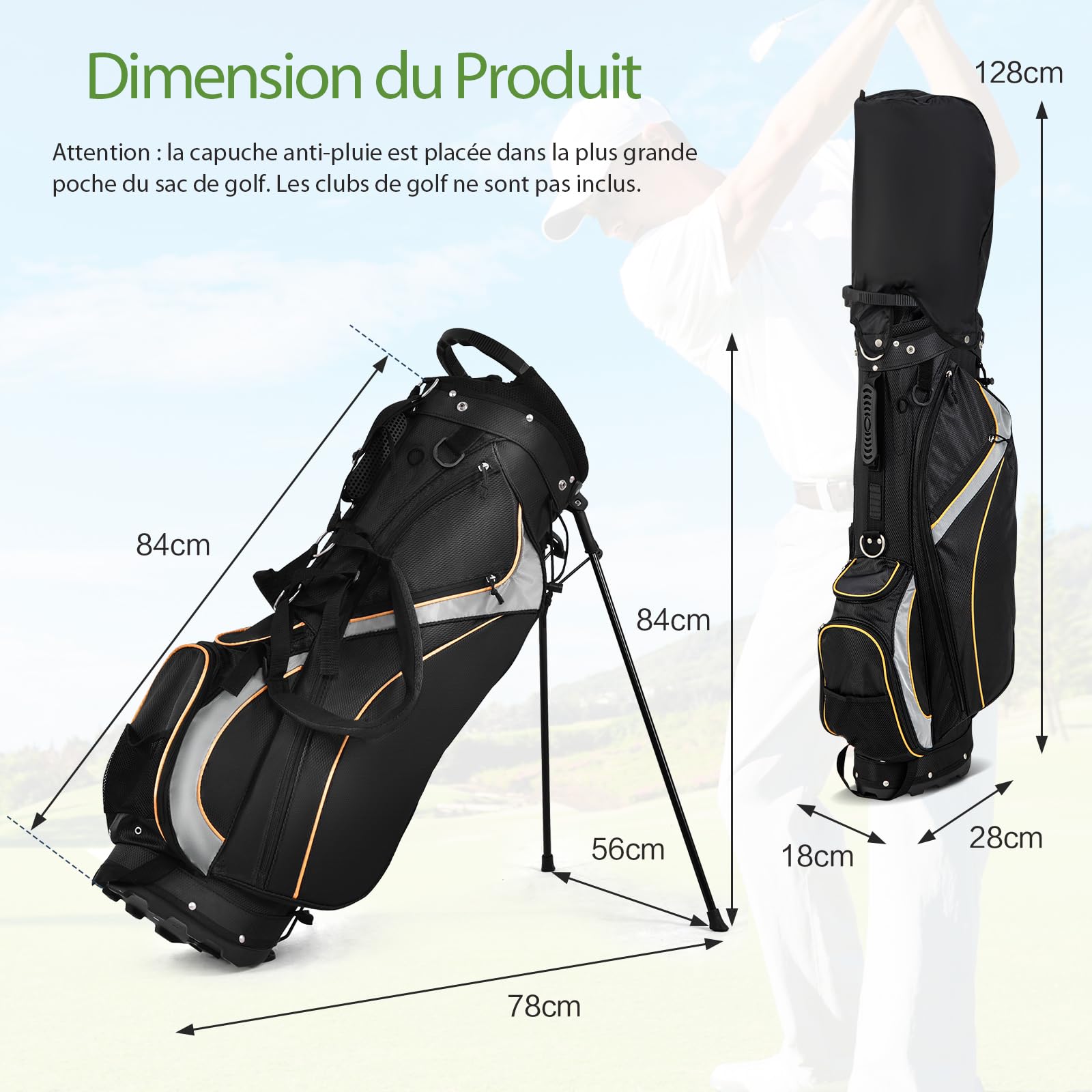 GYMAX Bolsa Trípode de Golf, Bolsa de Golf con 8 Divisores Superiores, 7 Bolsillos con Cremallera, Bolsa Nevera, Doble Correa y Capucha para la Lluvia, 2kg Bolsa de Golf Portátil Ligera