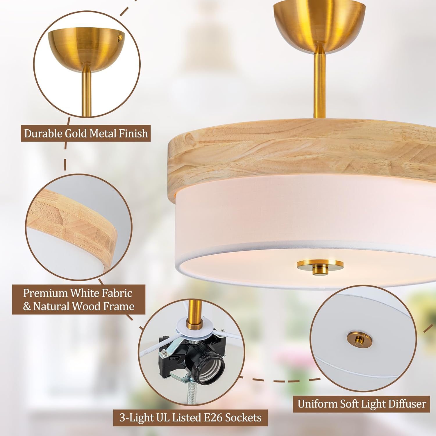 Bargeni Semi Flush Mount Ceiling Light Fixture,13 Inch Gold Light Fixtures Ceiling Mount, Natural Wood Trim with Cream White Fabric Shade, Modern Flush Mount Light Fixture for Bedroom,Hallway,Kitchen