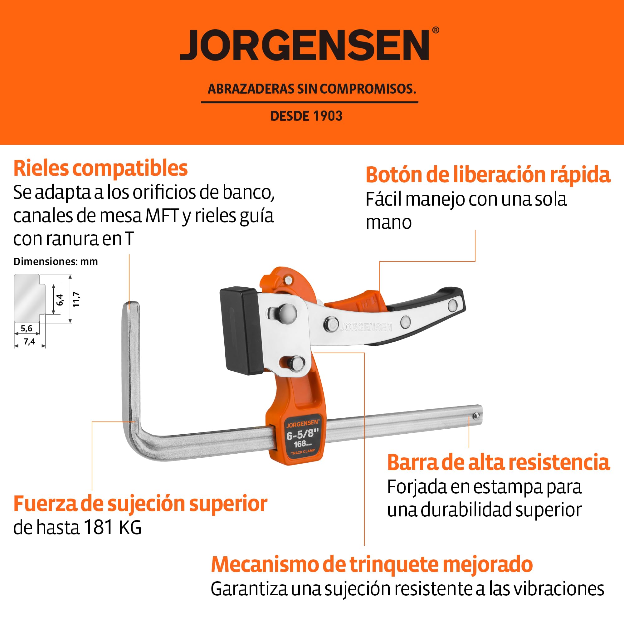 JORGENSEN Juego de 2 Abrazaderas de Trinquete para Guías de Sierra, con Mecanismo de Bloqueo, Fuerza Máxima 182 kg, Apertura 168 mm, para Carpintería y Tareas de Bricolaje