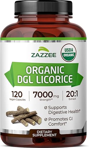 Zazzee Regaliz orgánico DGL USDA de 7000 mg de fuerza, extracto 201, 120 cápsulas veganas, suministro de 4 meses, extracto deslicirricinado 20X,