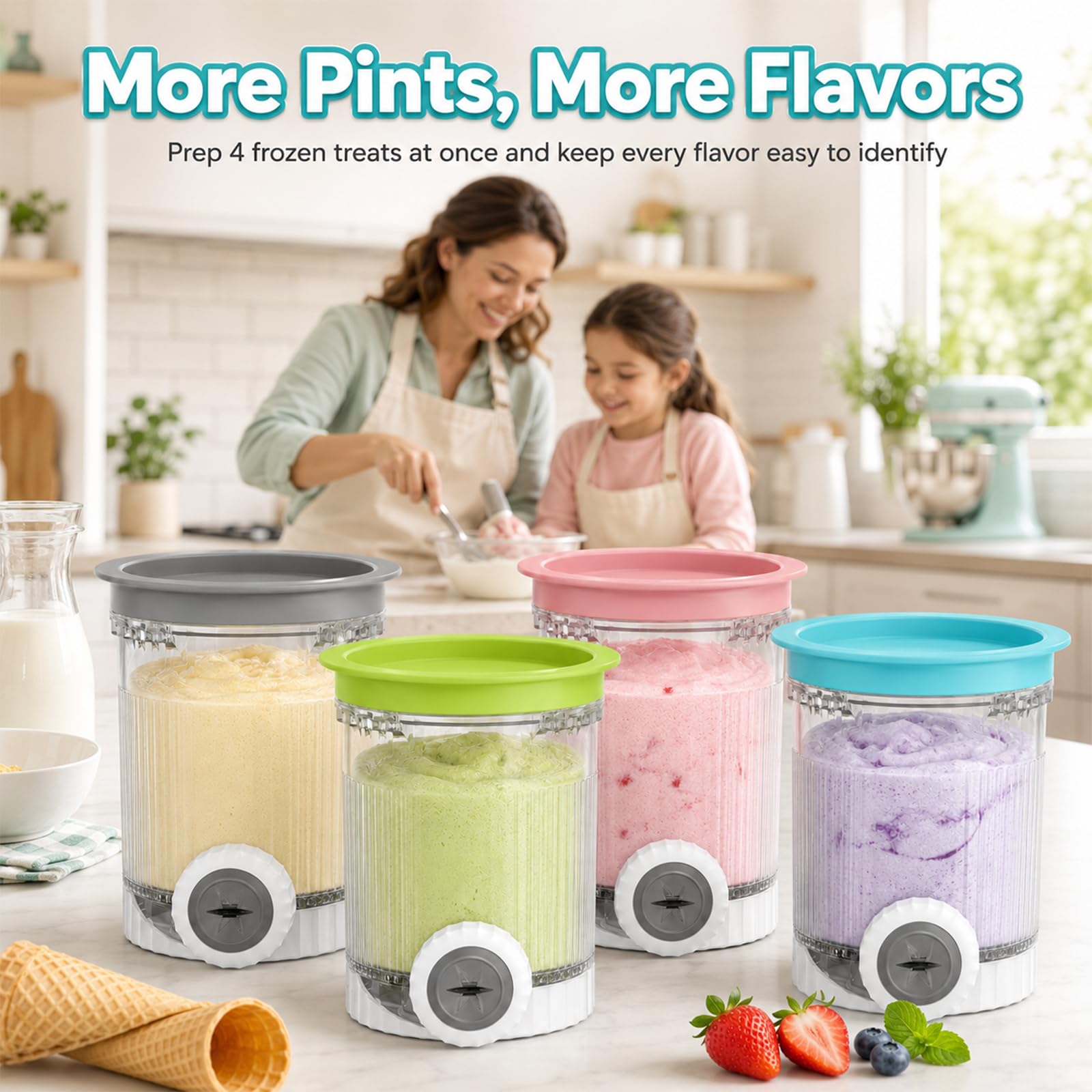 Juego de 4 recipientes compatibles con Ninja Swirl by CREAMi NC700 NC701 Serie, 473 ml, Recipiente para Hielo con Tapas de Colores y boquillas para máquina de Hielo, Vasos de Repuesto sin