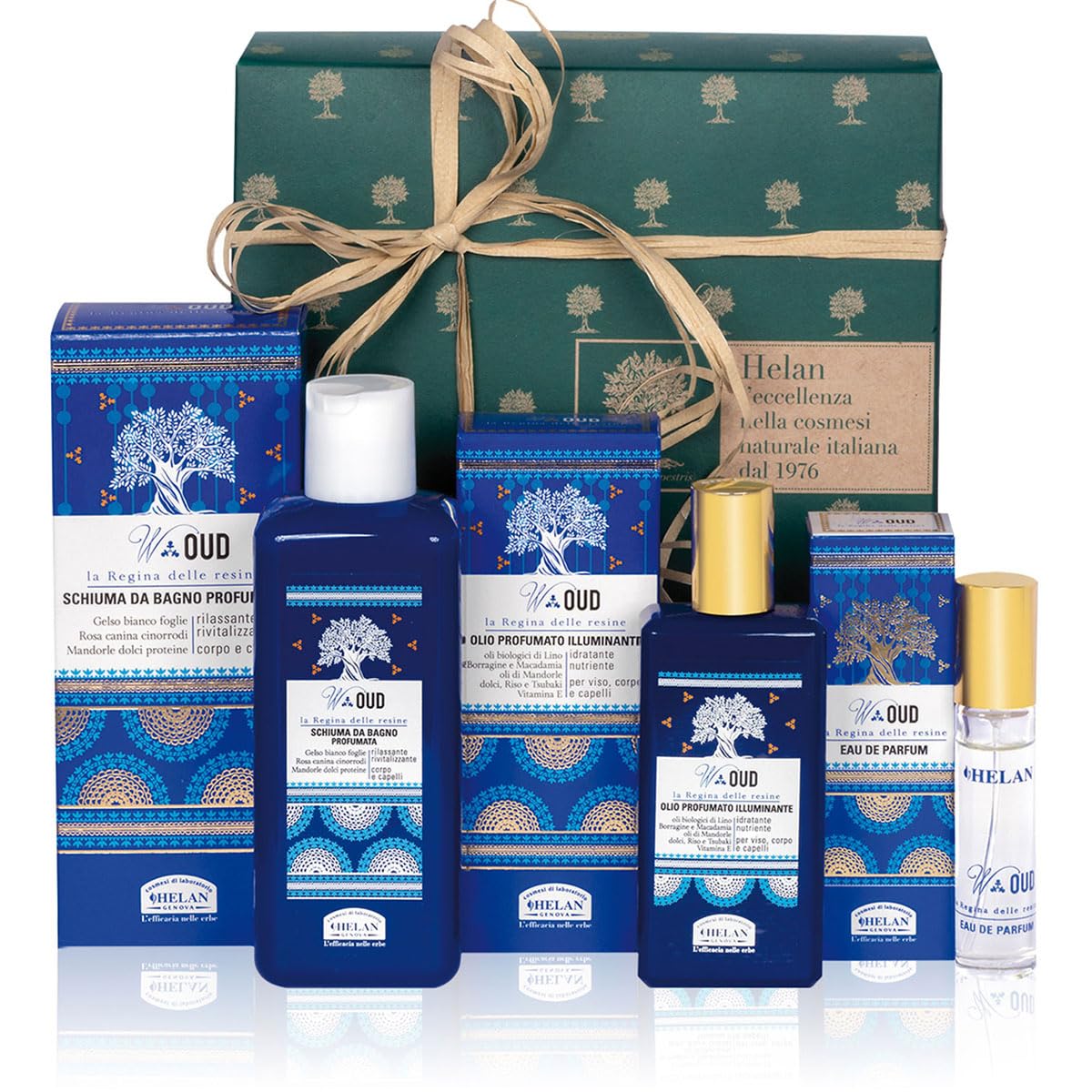 Helan, W Oud - Cofanetto Regalo Donna con Profumo Donna Note Speziate 10 ml + Shampoo Bagnoschiuma Corpo e Capelli + Olio Capelli, Corpo e Viso Profumato con Vitamina E e Olio di Mandorle Dolci 50 ml