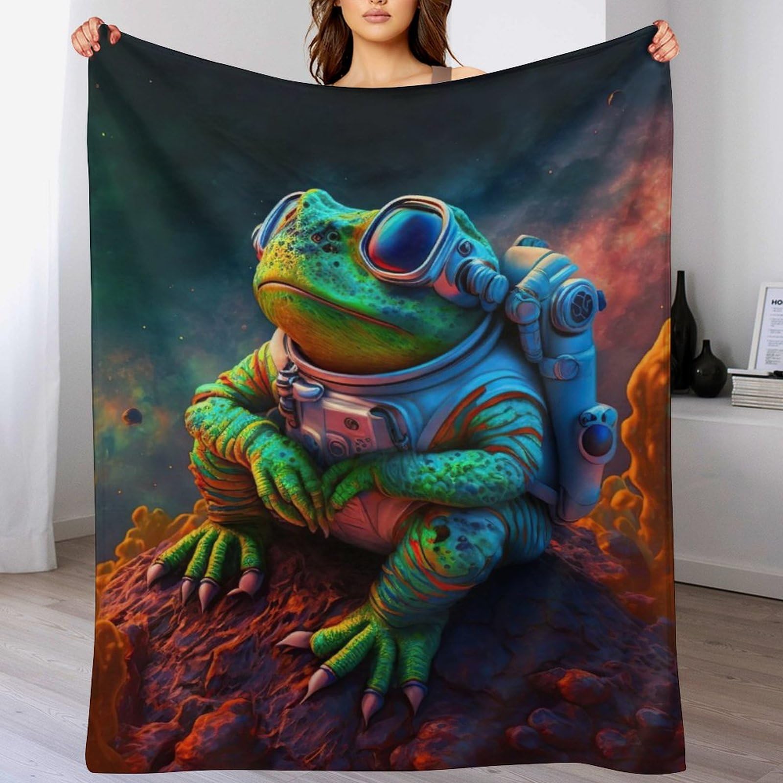 Couverture canapé motif astronaute et grenouille, plaid douillet pour les soirées cinéma