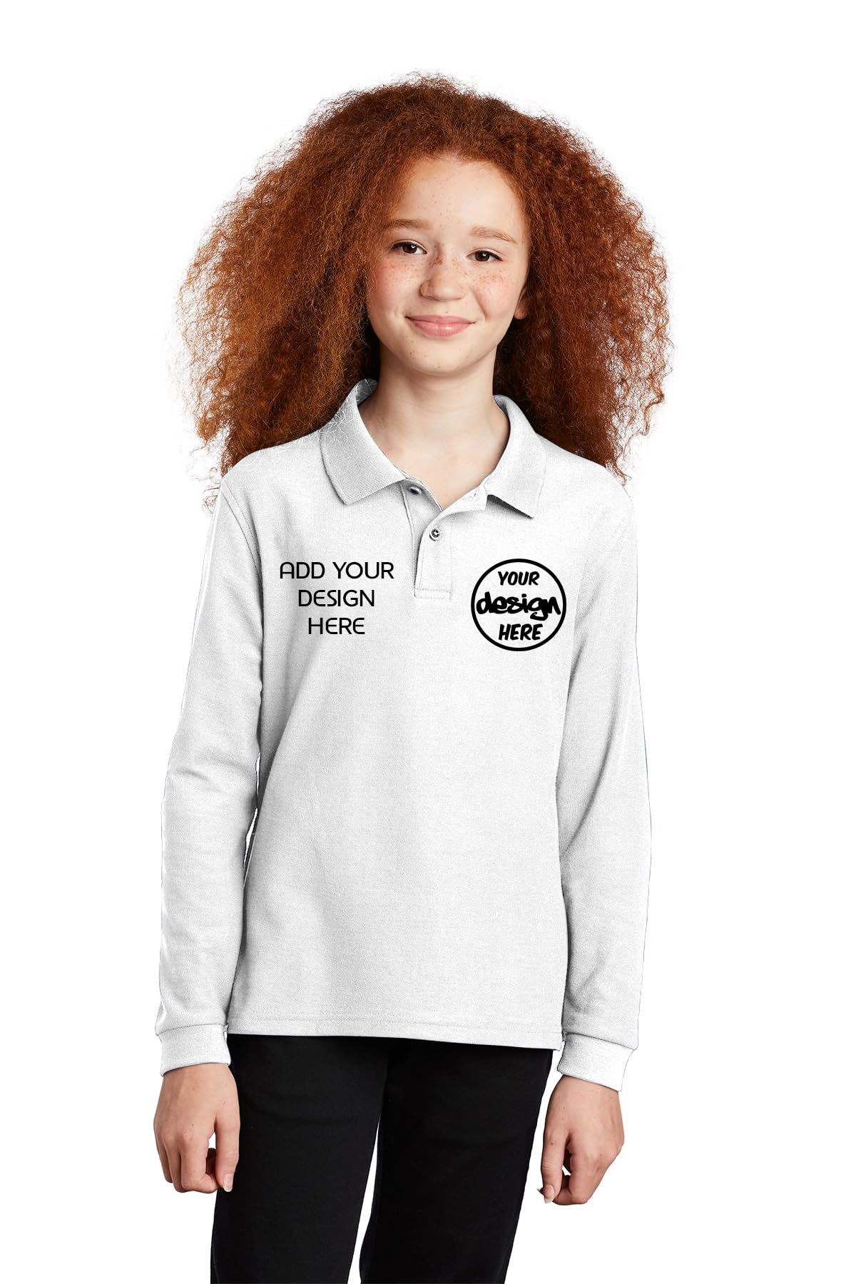 INK STITCH Unisex Kids Youth Y500ls Custom Embroidery Logo Texts Silk Touch Long Sleeve Polo Shirts - White (M)