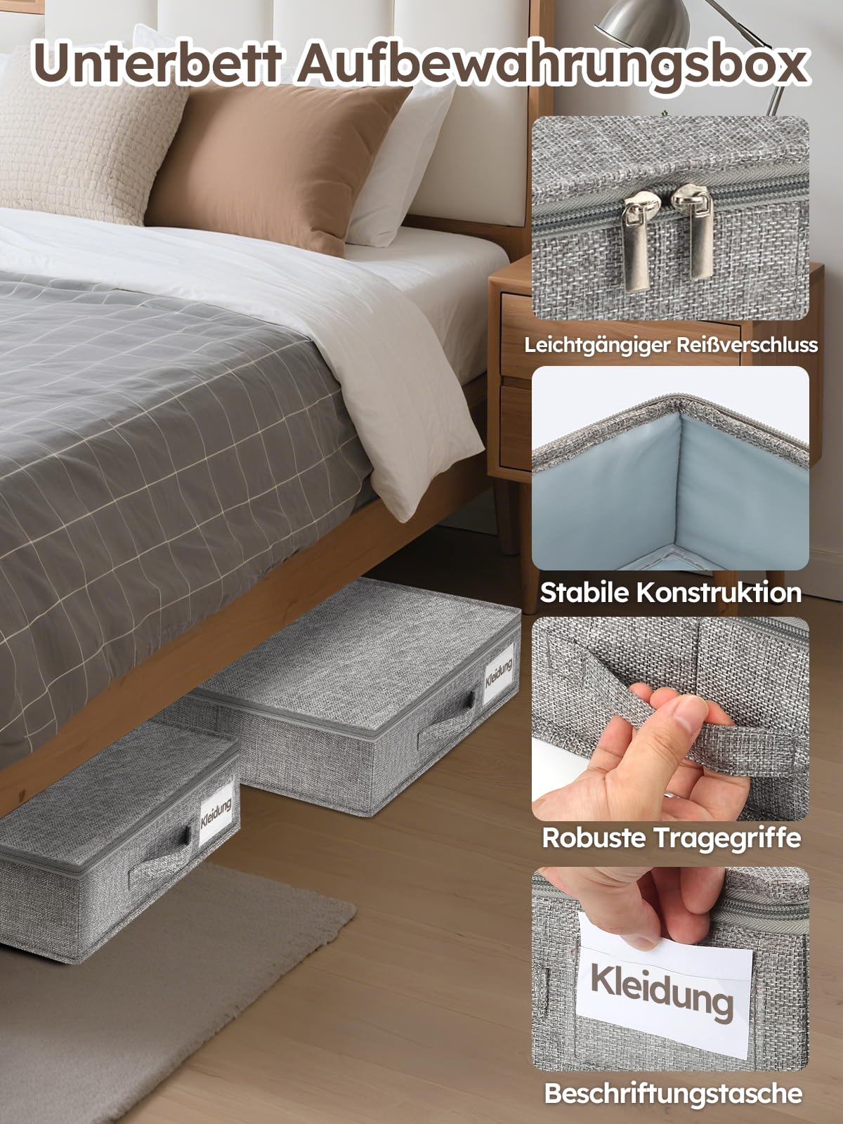 JUPELI Contenitore portaoggetti da 40 l, 85 x 40 x 12 cm, grigio | Solo 12 cm di altezza, struttura rinforzata, pieghevole con coperchio, per vestiti, coperte e biancheria da letto