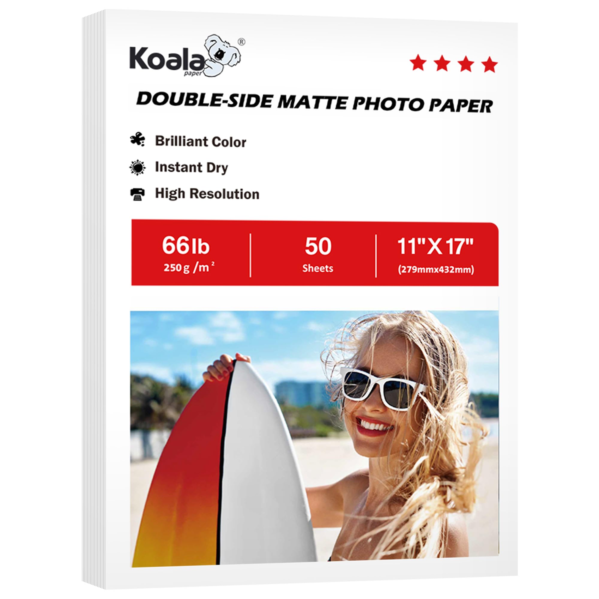 Koala Double Sided Matte Thick Photo Paper 11x17 Inches Heavyweight 50 Sheets 250gsm Compatible with Inkjet Printer and Dye Ink