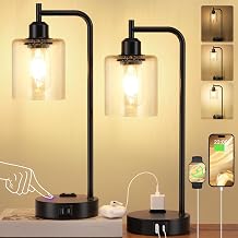 Industrial Touch Table Lamps for Bedrooms Set of 2 - 3-Way Dimmable Lamps with USB C+A Ports and Outlet, Black Bedside Lamps with Seeded Clear Glass Shade for Living Room, Desk Lamps for Home Office