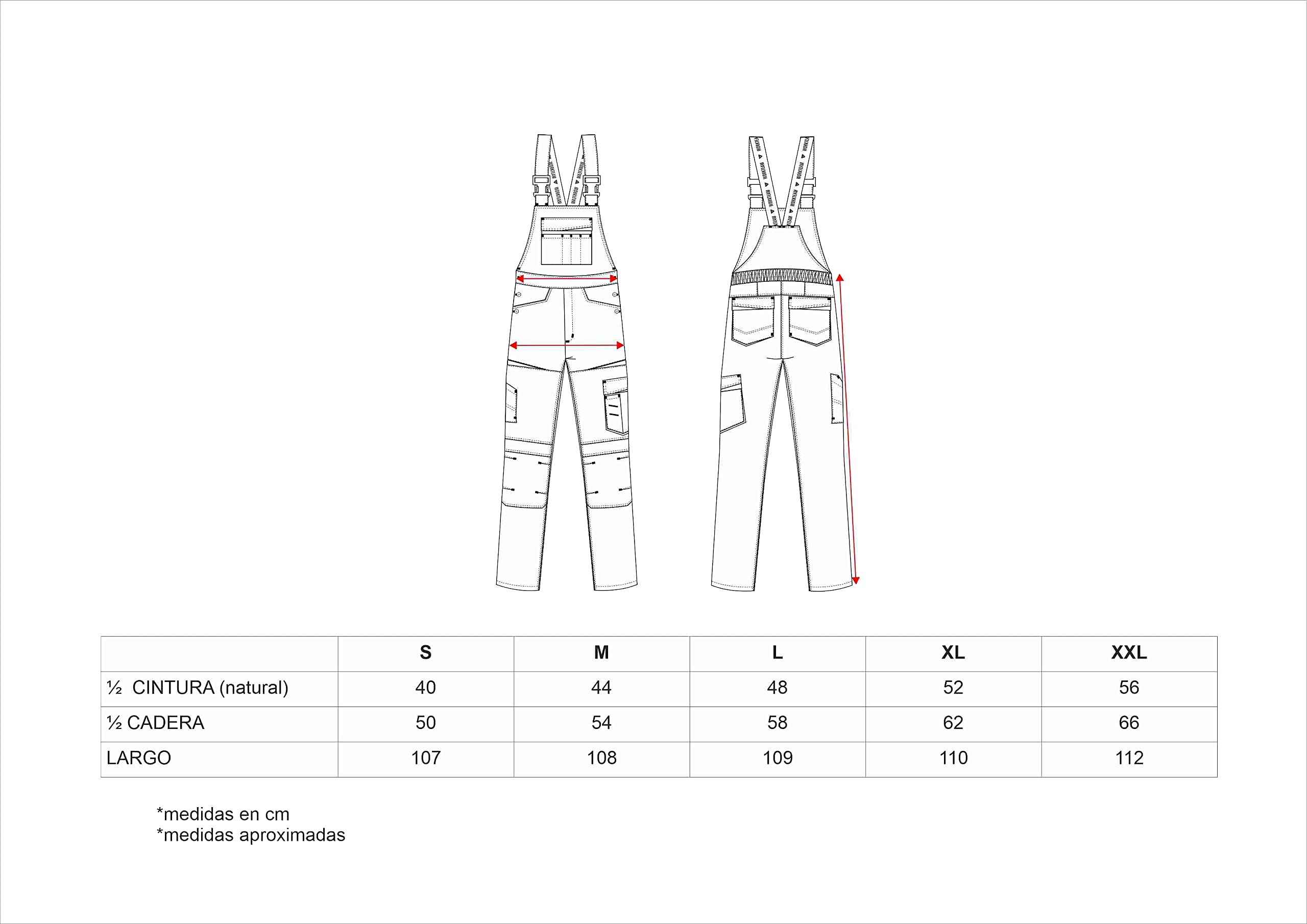 Teamwork Workteam Pantalones con Peto de Trabajo. Tejido Canvas (Extremadamente Resistente y Duradero). Tirantes con elástico y Hebillas automáticas. Unisex Marino+Marino Oscuro+Rojo A.V. XL