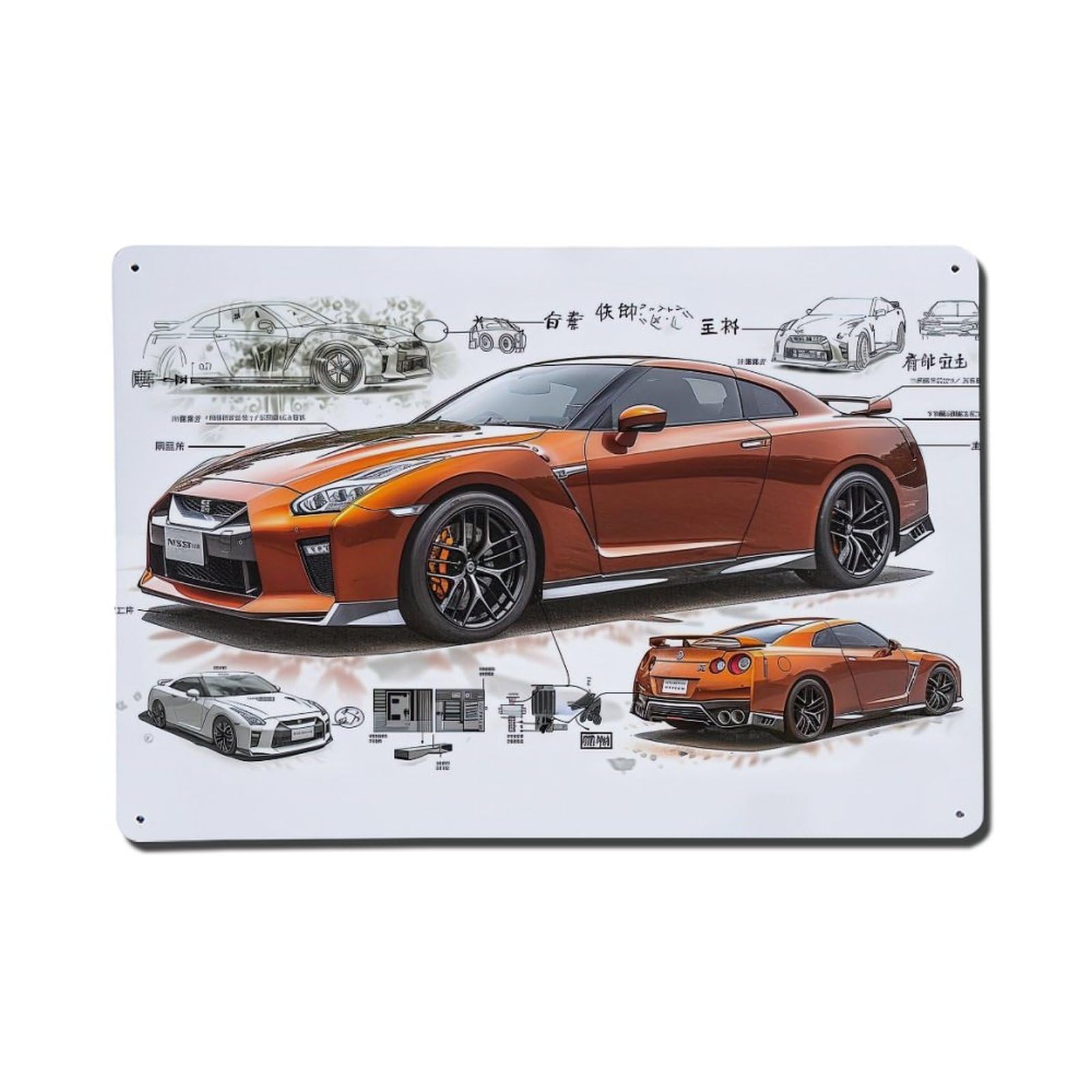 JDM R35 Car Structural Disassembly Metal Tin Sign Plaque Wall Decor for Cafe, Club, Garden Metal Poster 8x12Inch