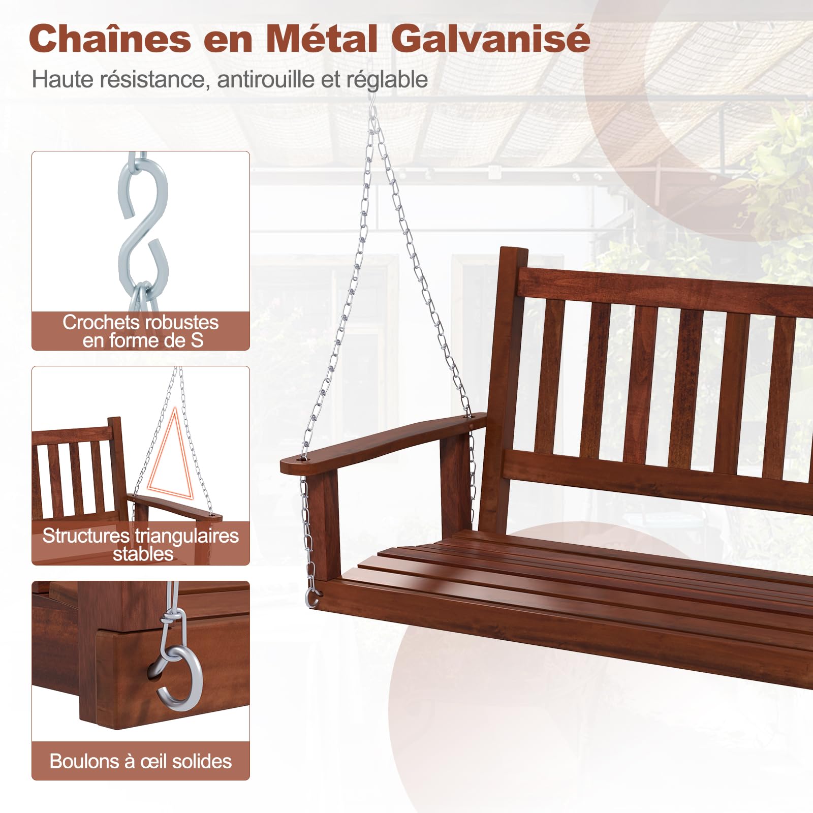 GOPLUS Balançelle Jardin 2/3 Places Extérieur Chaise Hamac Suspension Bois 230/360KG 136x67x63CM Marron
