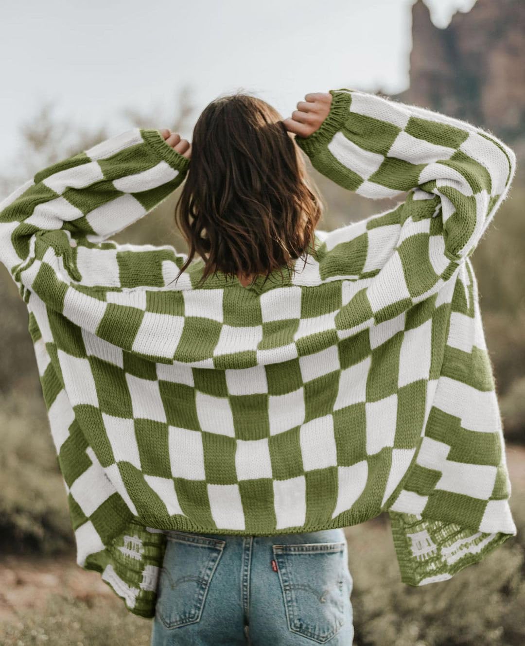 Saodimallsu Womens Checkered Oversized Cardigan Sweaters Color Block Chunky Open Front Lantern Sleeve Plaid Knit Coats - Image 5