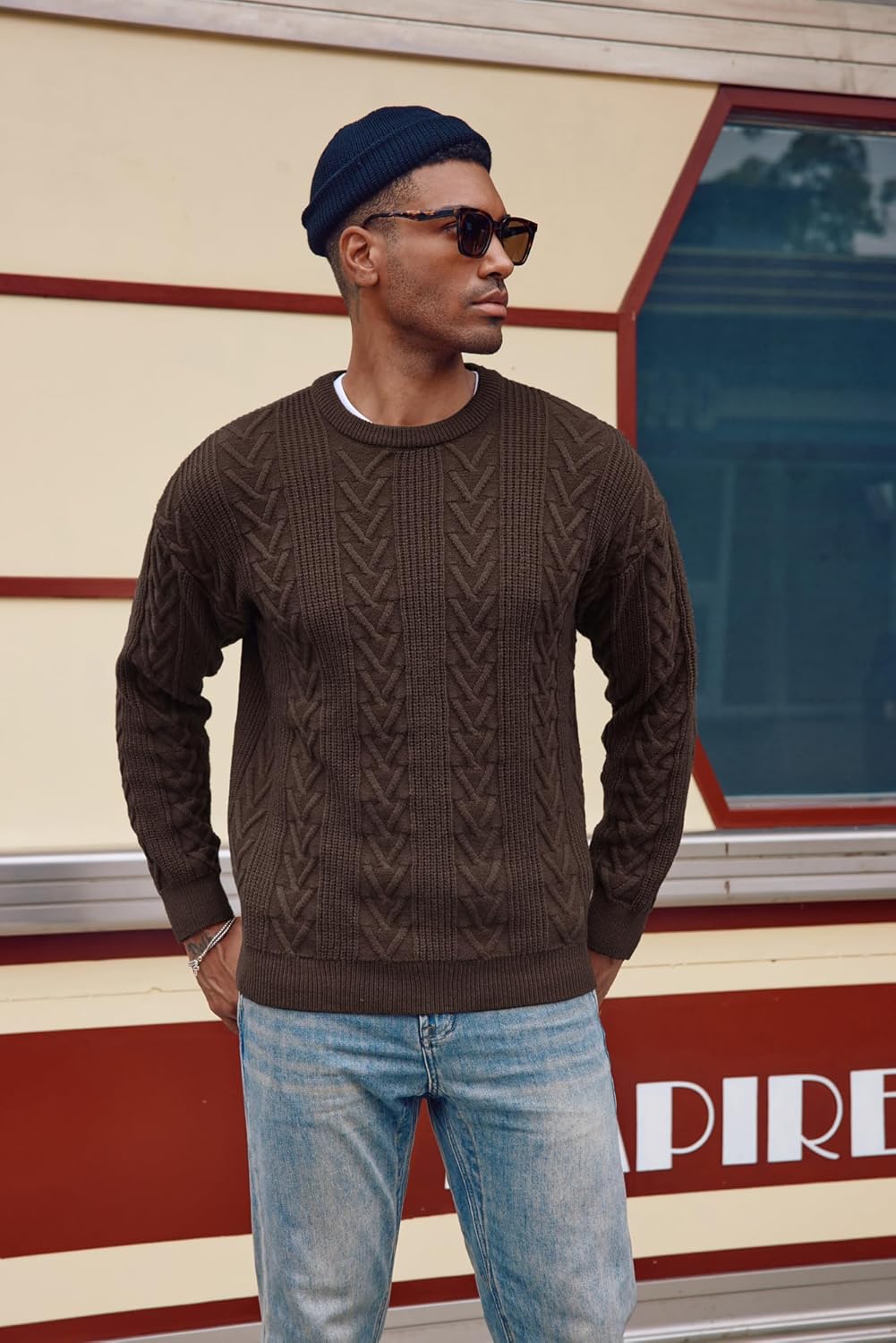 PJ PAUL JONES Mens Crewneck Sweater Casual Cable Knit Pullover Sweater Drop Shoulder Solid Knitted Sweaters - Image 7