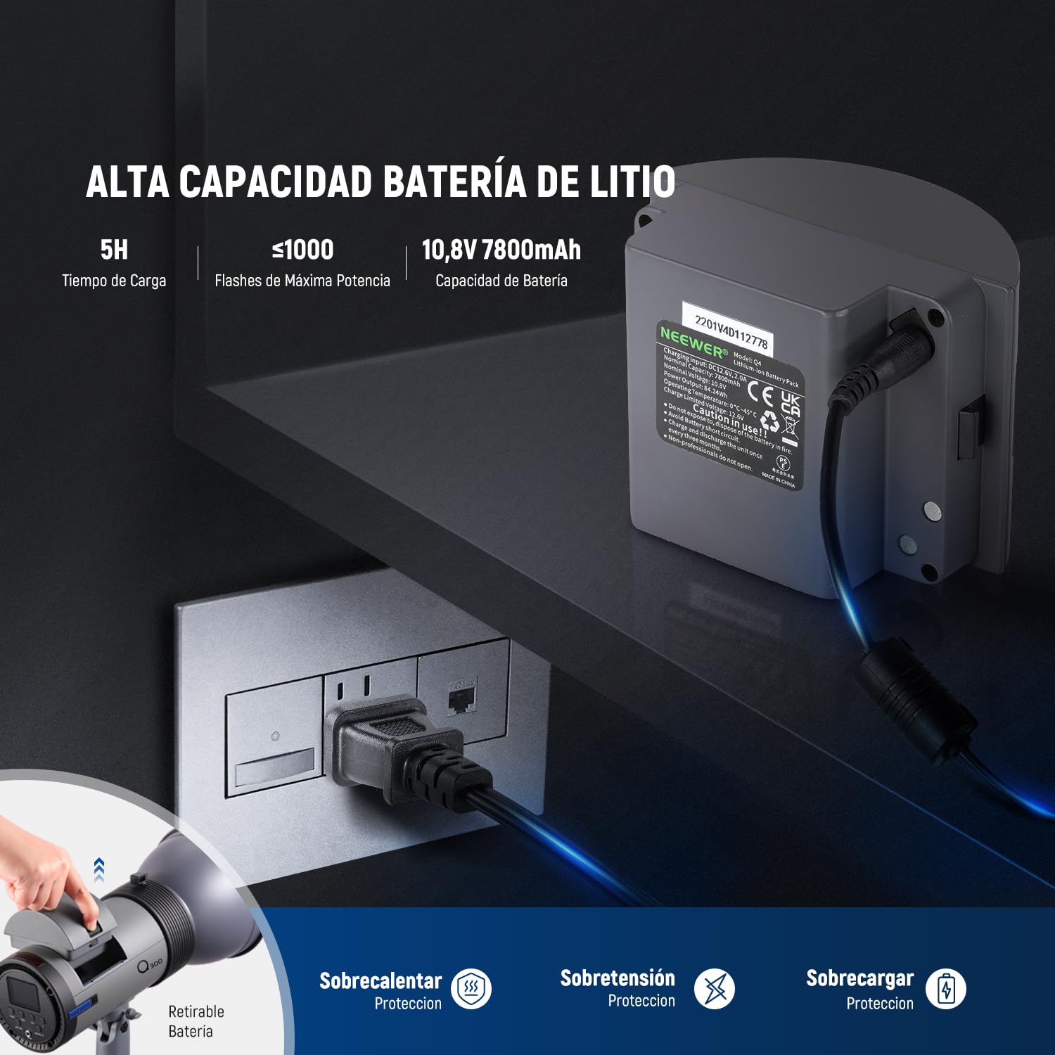 NEEWER Q300 300W 2,4GHz Flash Estudio Exteriores con Disparador Inalámbrico Q Compact, 7800mAh Batería Iones Litio Strobe Luz Estudio Luz Fotografía Monoluz Inalámbrico 1000 Potencia, Paño Limpieza