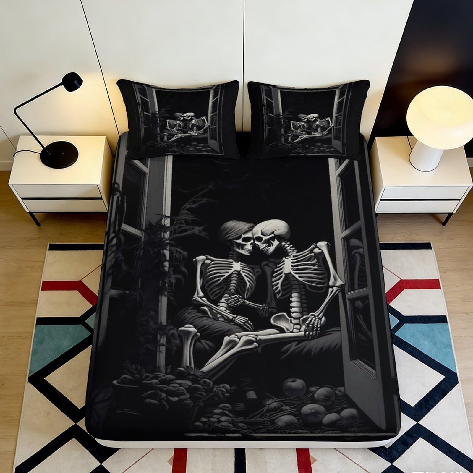 Tjiqhvmrn Style-5 3D Printed Skull Couple Design Fitted Sheet Microfiber Non-Slip Deep Pocket Bedroom Bedding Skull Mattress Fitted Cover For Adults Teens 90X200x25cm