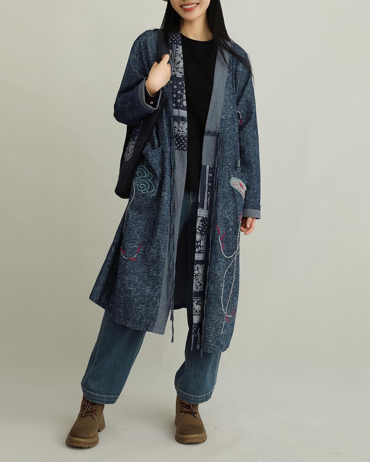 Boho Casual Women’s Denim Blue Cotton Long Cardigan Coat with Patchwork Embroidery Open Front Kimono Loose Fit Jacket