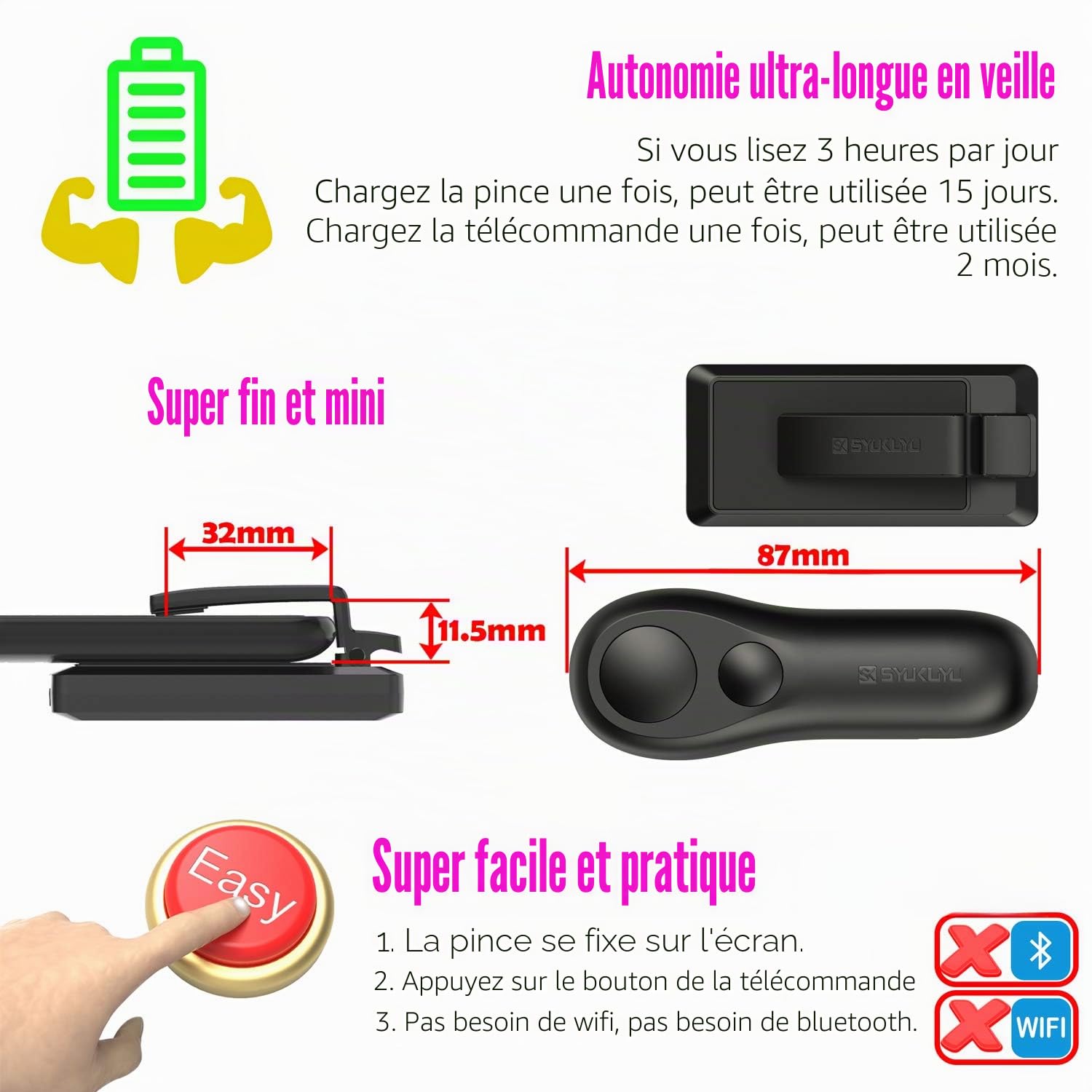 SK SYUKUYU RF Télécommande Liseuse Kobo, Kindle, Tourne Page Liseuse for iPad iPhone Android Tablets, Tourneur Page Liseuse pour Lire des Romans et Prendre des Photos(Noir)