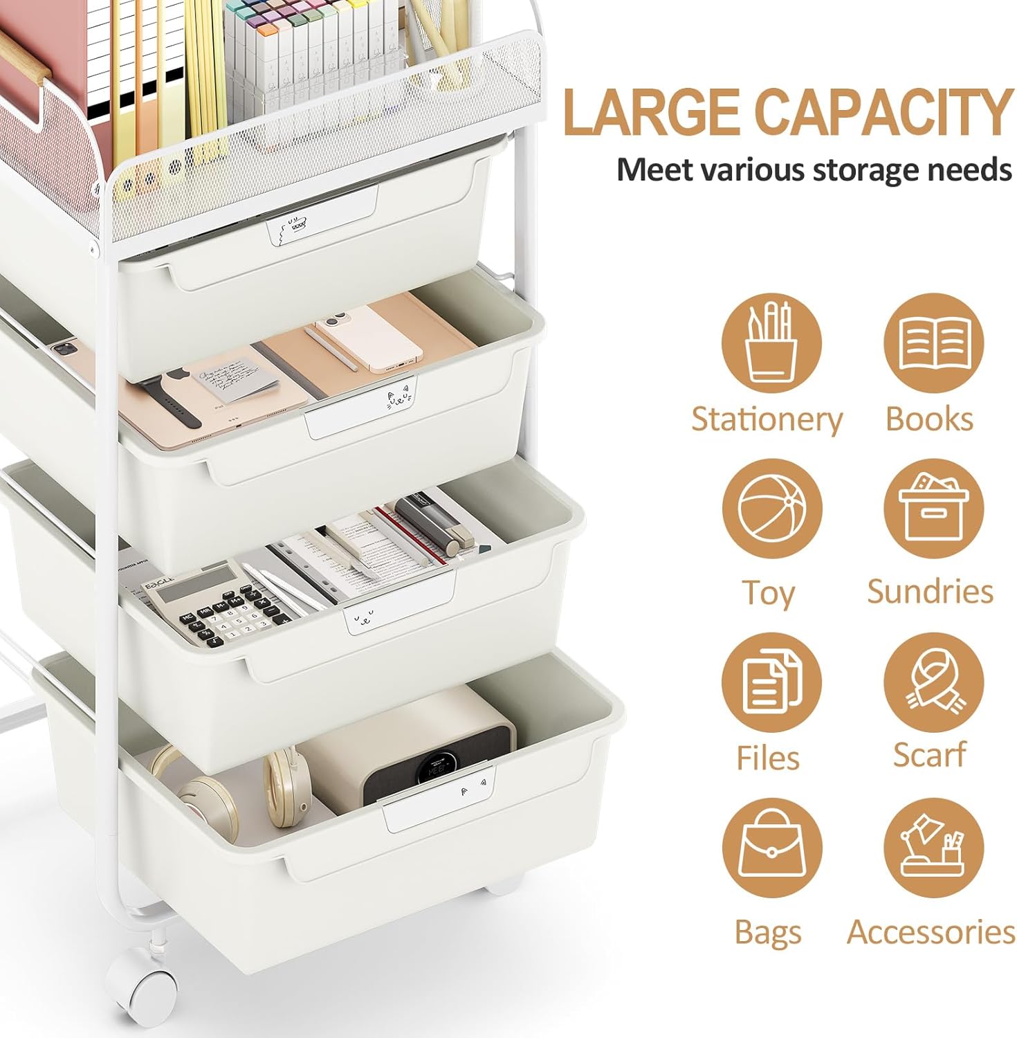 SYKIARIOL Rolling Utility Storage Cart with 4 Drawers - 4 Tiers Rolling Cart Craft Cart, Storage Drawer Cart Organizer for Craft Room Office Bedroom Classroom with Mesh Top & 4 PCS DIY Lable, White