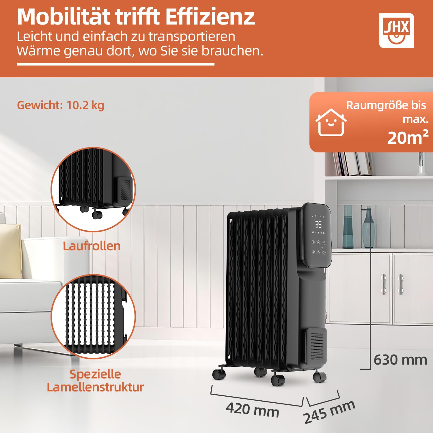 SHX Ölradiator Heizung 2000 Watt mit Wifi, 3 Heizstufen, 24 Stunden Timer, Elektronisches Thermostat, Boost Funktion, Heizt bis zu 40 qm Fläche, Weiß