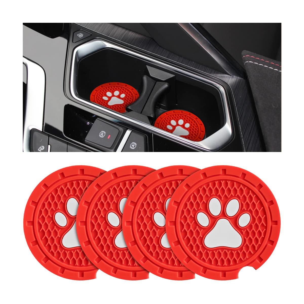AUCELI 4 PCS Car Cup Holder Coaster, 2.75 inch Soft Rubber Auto Cup Insert Mat, Cute Cat Paws Round Car Drink Pad for Women Girls, Non-Slip Auto Interior Accessories for Most Cars, Trucks, RVs (Red)