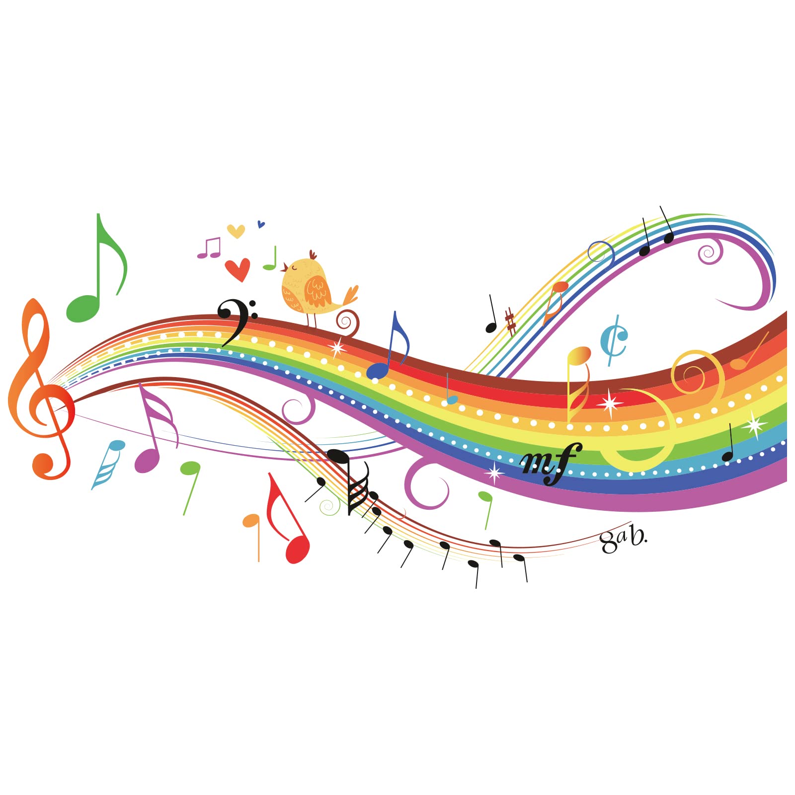 Adesivo Murale Arcobaleno Musicale Con Uccelli E Note – 77x39 Cm, PVC Rimovibile - 2