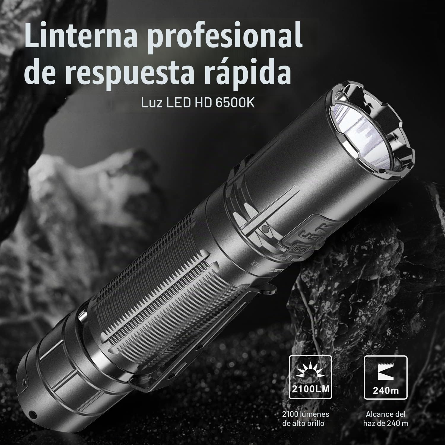 klarus XT2CR Pro Linterna Táctica 2100 Lúmenes USB C Interruptores de Cola Doble Recargables con Batería y Funda Cinturón para Aplicación de La Ley, Exteriores, EDC y Uso de Emergencia