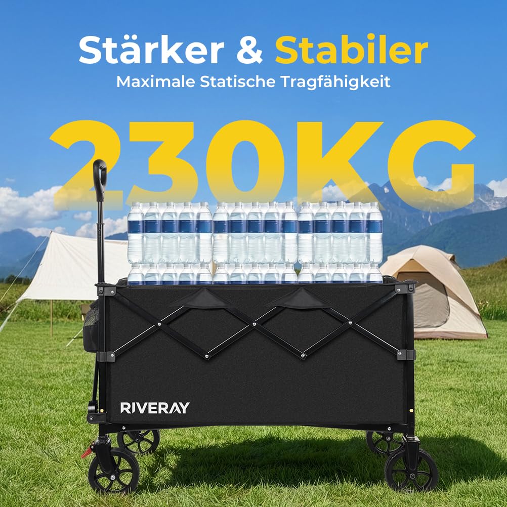 Bollerwagen Faltbar mit Bremsen, 300L 230KG Faltbarer Bollerwagen Großen All Terrain Rädern, Abnehmbare Stofftasche, Verstellbarer Griff Klappbar Handwagen für Strand Camping Garten Festival